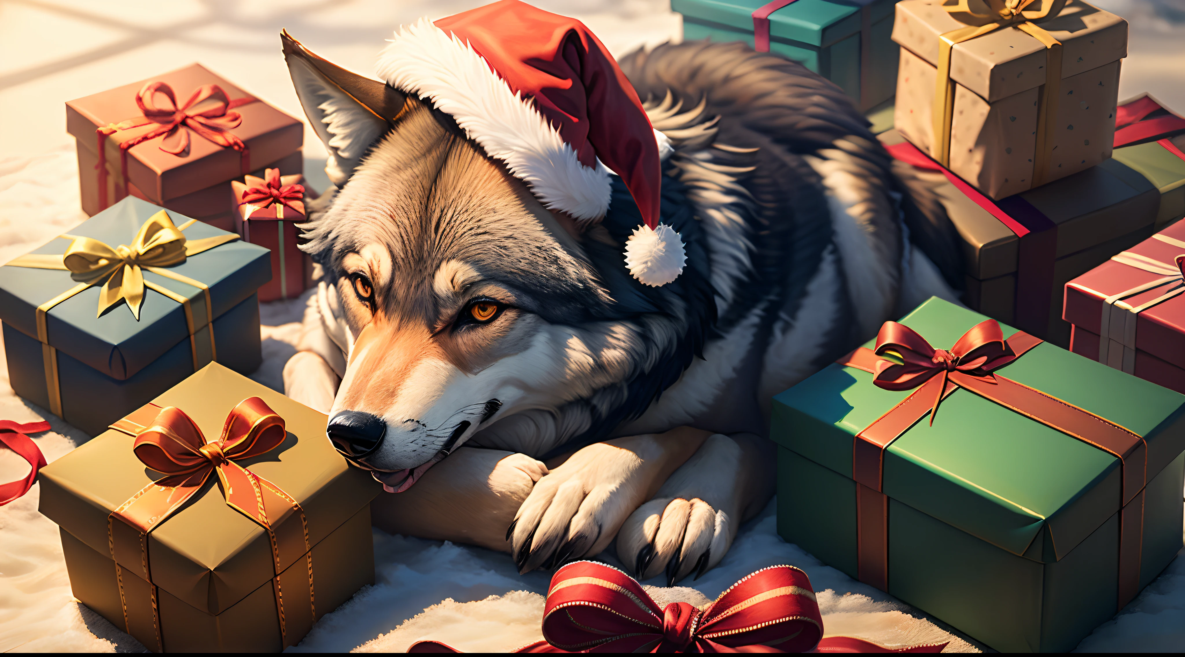 Winter set of Christmas gifts with wolf