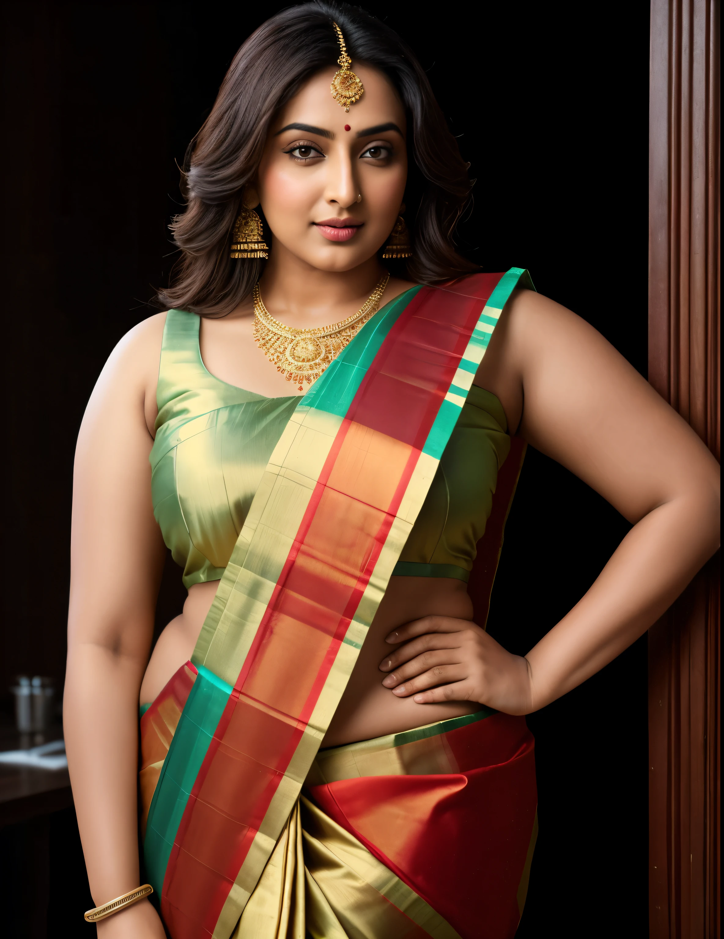 Foto RAW, photorealistic, photography, full body shot, master shot, perfect eyes, goddess like beauty, perfect thick chubby mallu Desi aunty bhabhi, Wearing a Stanapatta, a chest-band.Saree model, model Photography, Indian saree shoot, Indian traditional wear advertising photography, traditional wear brand shoot, face of Indian actress Sonakshi Sinha, masterpiece, realistic, realism, incredible details, pleasure, photorealism, detailed skin, skin pores, high contrast, photorealistic Artstation 8k HD digital art trend of high definition and detailed realistic skin texture, ultra detail, realistic skin texture, armature, best quality, ultra high definition, (photorealistic:1.4),, high resolution, detail, raw photo, Re sharp, by Lee Jefferies Nikon D850 Film Stock Photo 4 Kodak Portra 400 Camera F1.6 Lens Rich Color Ultra Real Realistic Realistic Textures Dramatic Lighting Unreal Engine Trending at Art Station Cinestill 800,(pele altamente detalhada: 1.2), 8k UHD, DSLR, soft-lighting, alta qualidade, grain of film, Fujifilm XT3,she didn't like to wear blouse or bra, she happy to wear only saree, she hates blouse or bra, detailed hairy armpits,