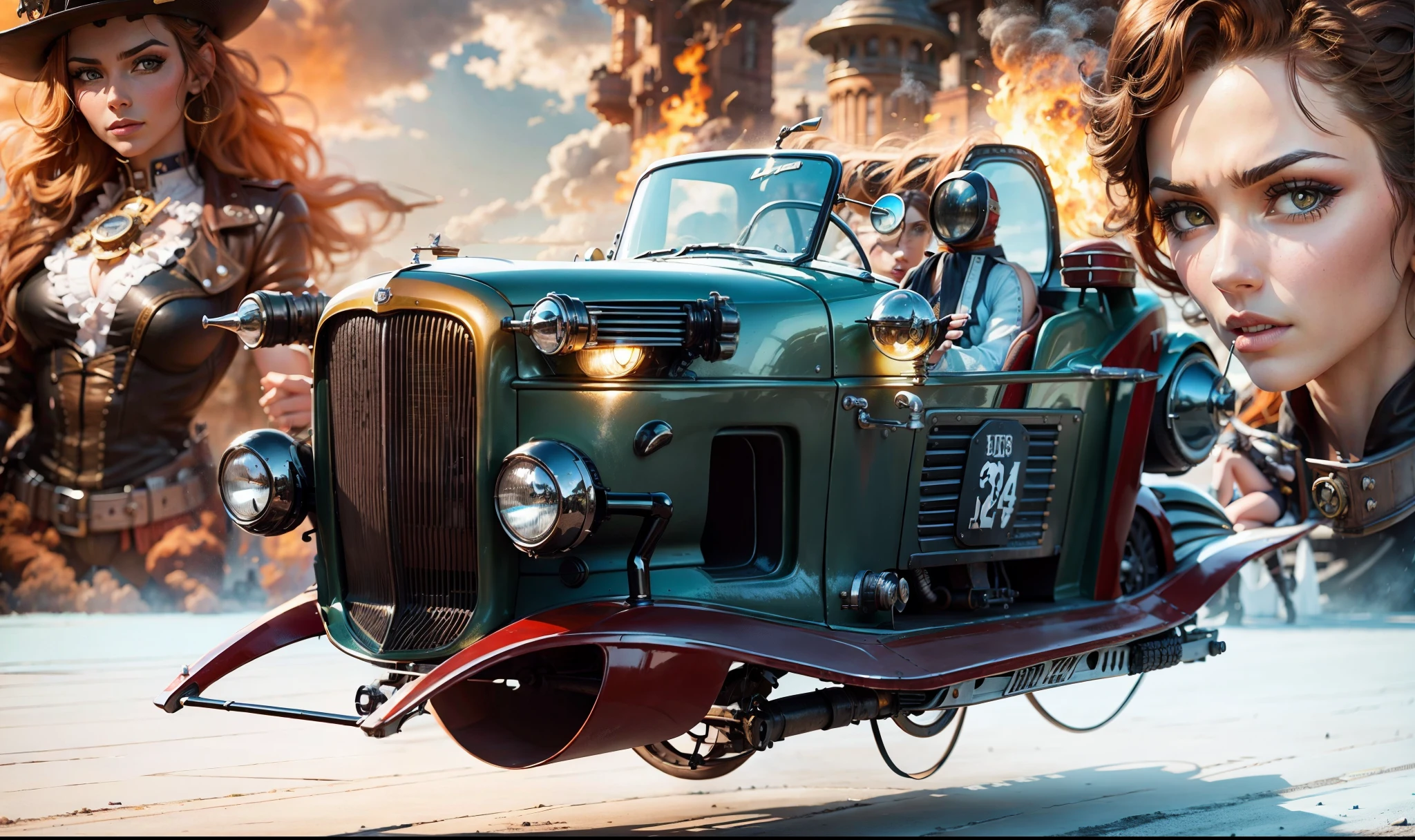 Steampunk racing car flying in the foreground with two beautiful steampunk women in the background in front of steampunk buildings