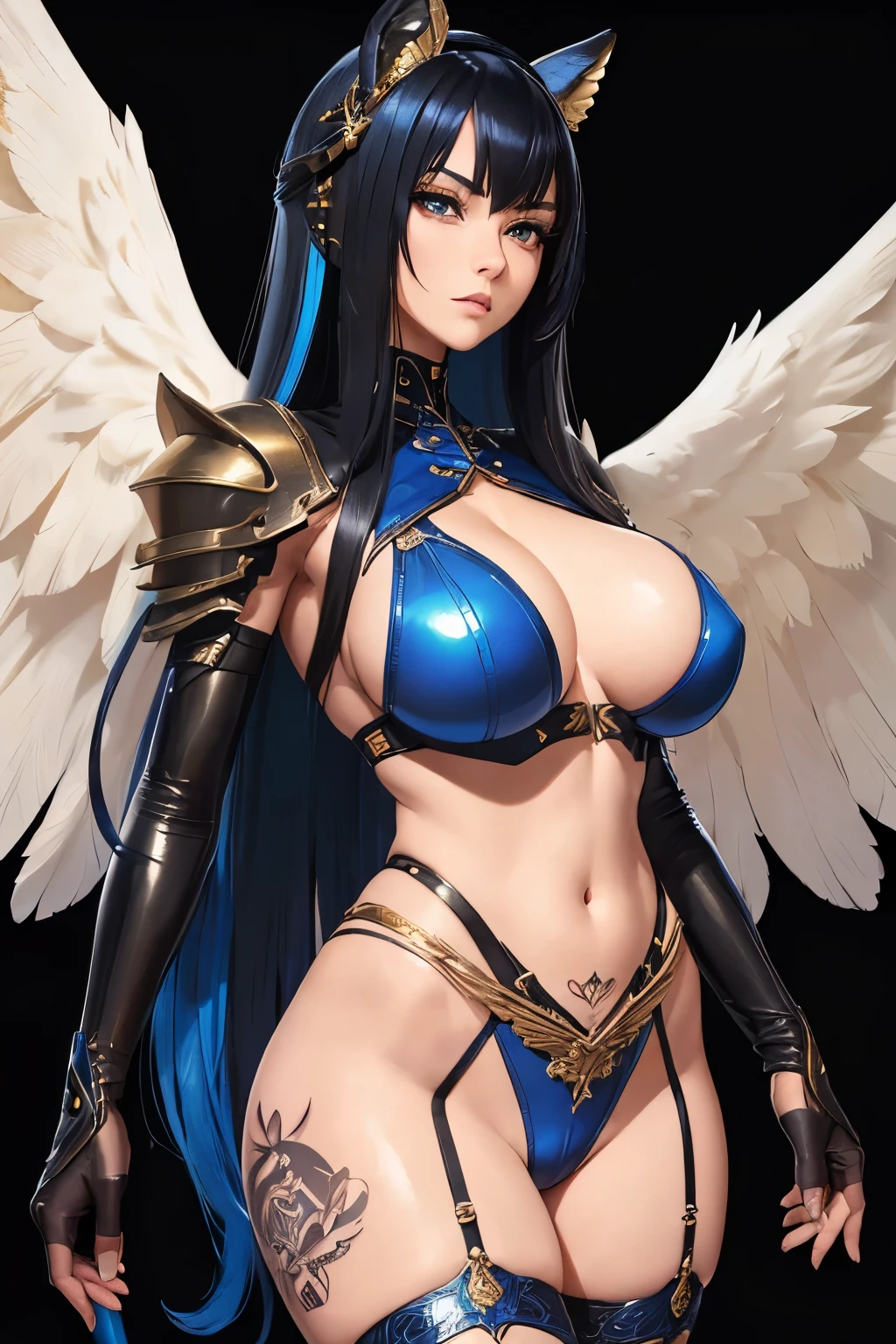 (Drawn by personalami and zaush in the art style of scappo and miles df), on the ground, (leaning), (body stripes:1.3), (skinny), (futuristic Gazelle woman:1.2), (cyber angel wings:1.2), (long black hair with blue highlights:1.3), (intricate leather armor:1.2), (masterpiece, 8k, HDR, highest quality, highly detailed wallpaper), (fingering breasts:1.2), (exhausted from pleasure:1.2), (huge round breasts:1.4), (gold diamond garter belt:1.2), (large pointed tail:1.2), (crotch tattoos:1.3).