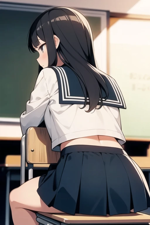 masterpiece, super detail, best quality, from behind, 1girl, straddling chair, sailor uniform, mini skirt, classroom, looking away