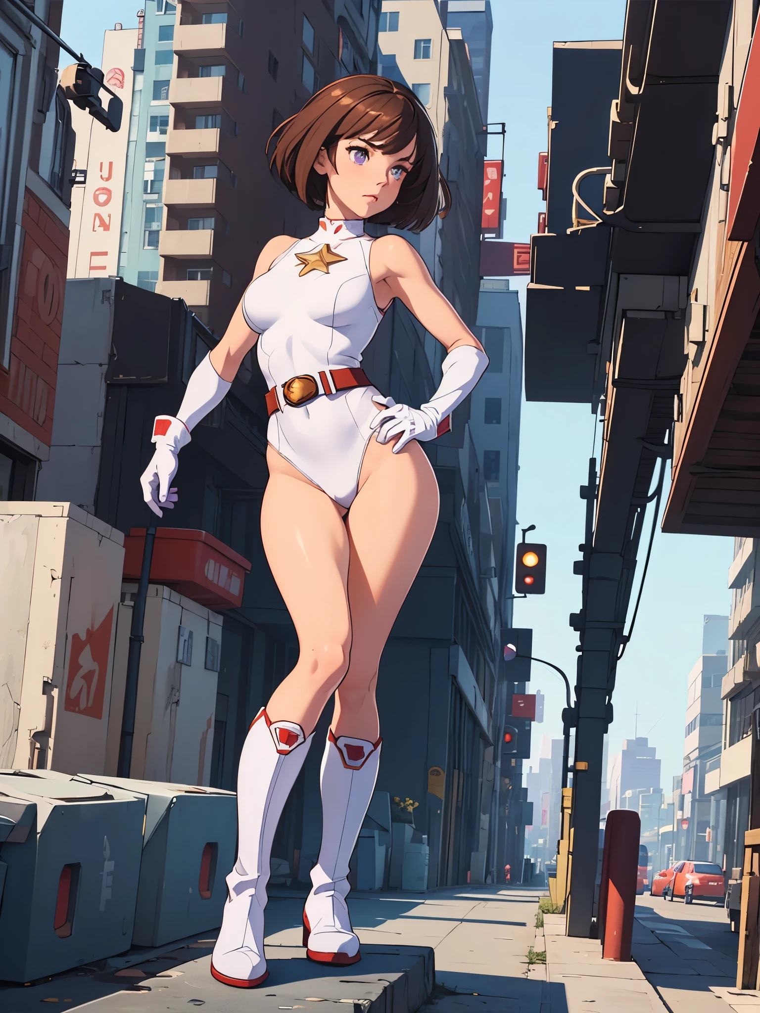 1girl, medium breasts, leotard, white and red leotard, bare legs, tight belt, boots, matching boots, gloves, city backdrop, solo, single, hands on hip, standing, full body shot, cowboy shot, superhero, beautiful detailed eyes, mature lady, star symbol on chest, brown hair, short hair, Bob hair, purple eyes