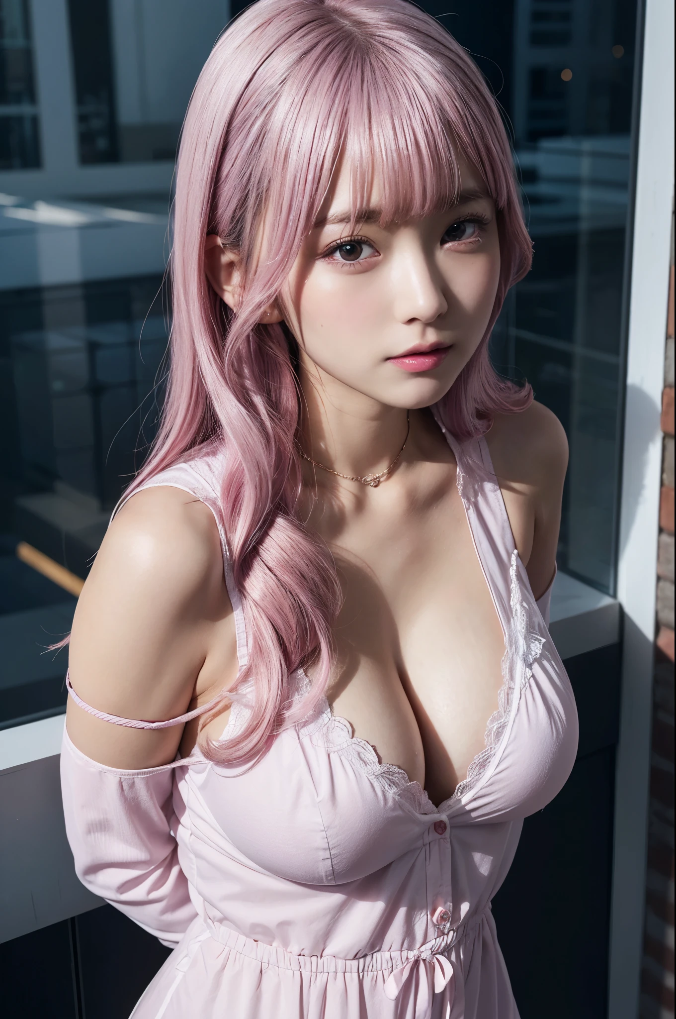 masutepiece, Best Quality, Ultra-detailed, Illustration,(1girl in),Beautiful detailed eyes, Looking at Viewer, close up, (Breast Focus), (arms behind back:1.2), (From above:1.1), Pink hair, Huge breasts are coming out:1.3), (off shoulders:1.1), Underwear,