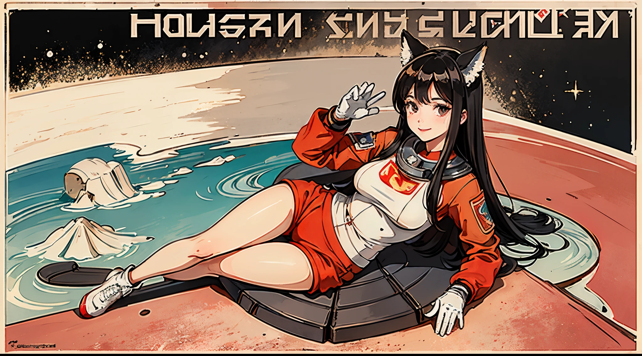 1girl,curvy_breasts, cute, beautiful detailed eyes, shiny hair, visible through hair, hairs between eyes, (Caucasian face, Europe face, eastern Europe girl), (USSR poster), (soviet poster), red monochrome, (soviet, communism, ((PROPAGANDA POSTER))), Black_hair, monster girl, wolf girl, wolf ears, wolf tail, smiling, red_eyes, furry, teenage, goodbreast, {Spacesuit|Orange_clothing_body|jumpsuit},red_gloves, white_space_shoes, white_helmet, ((the USSR red letters on the poster)), weightlessness, Side light, reflection, The person in the spacesuit is at the bottom left of the frame, The right hand is outstretched, Space station in the upper right corner of the screen, Reflected light from the sun, Silver metal, red flag, (USSR style), diffuse reflection, Metallic texture, (alien planet background), (pinup-girl, the sea of star on background), (effect of old poster )