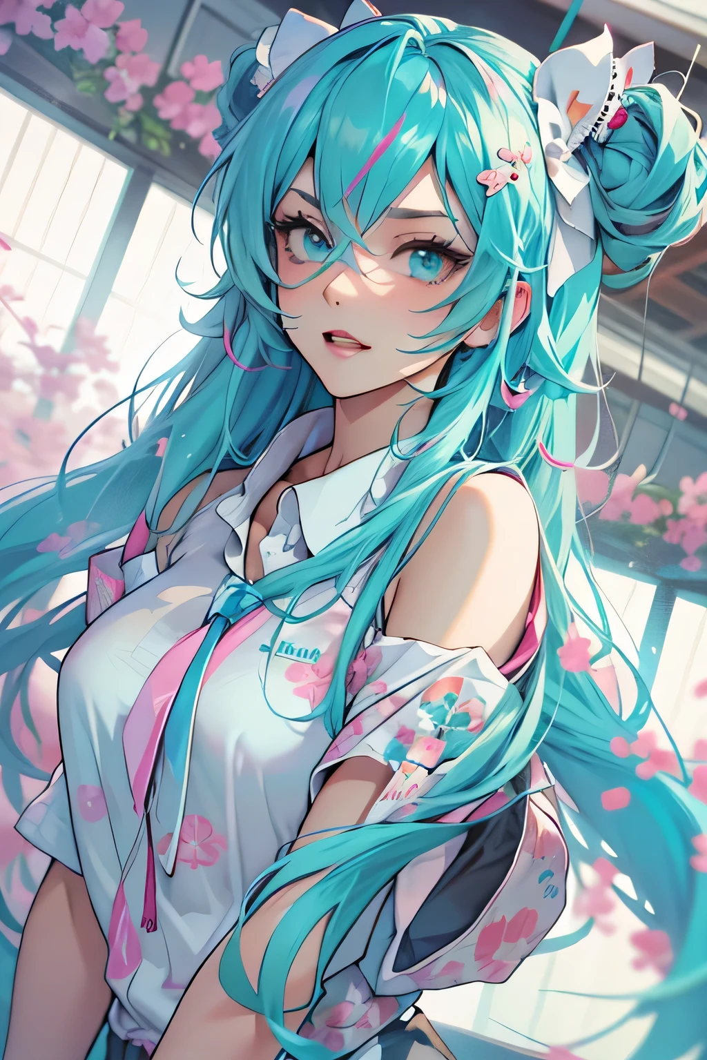 there is a woman with blue hair and a white shirt, hatsune miku , portrait of japanese gyaru, mikudayo, miku, kerli koiv as anime girl, anaglyph effect ayami kojima, belle delphine, long cyan hair, with long turquoise hair, inspired by Fujiwara Takanobu, anime girl with teal hair