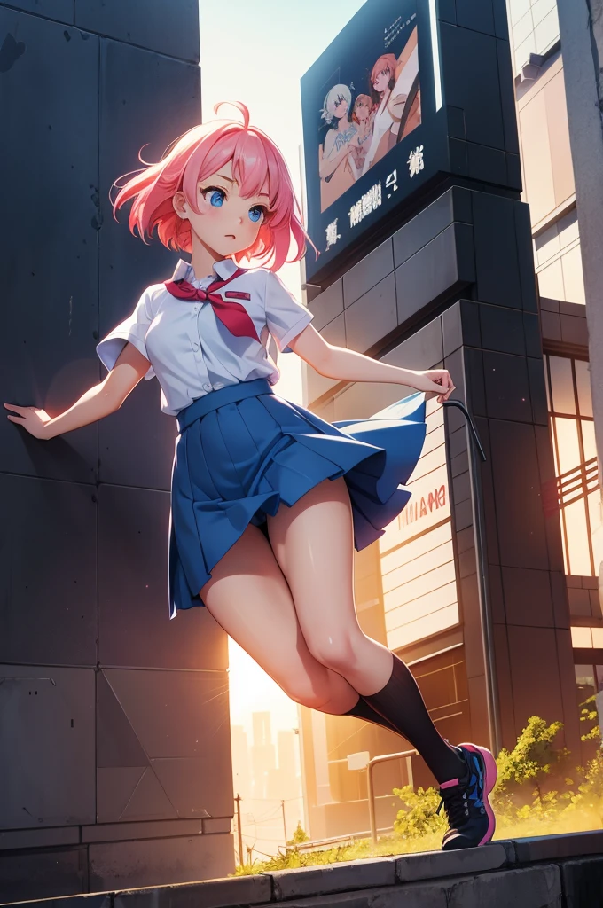 Generate dynamic vector image depicting an high school girl character with full body action pose, short pink hair, white shirt, blue skirt, red lace, reflecting the vibrancy and individuality of today’s teenage culture. high quality, 8K Ultra HD, night city in background, The beautiful girl Who Leapt Through a dangerous city, Feels like Mamoru Hosoda, Time leap when the beautiful girl runs and jumps Detailed illustration, A digital illustration of anime style, digital anime paintings of her, soft anime tones, Feels like Japanese anime, fantasy art, Three-dimensional expression, luminism, Albert Anker, Feeling like Kyoto Animation, Greg Rutkowski, Artgerm, WLOP, Alphonse Beeple, pixiv, luminism, 3d render, octane render, Isometric, by yukisakura, awesome full color