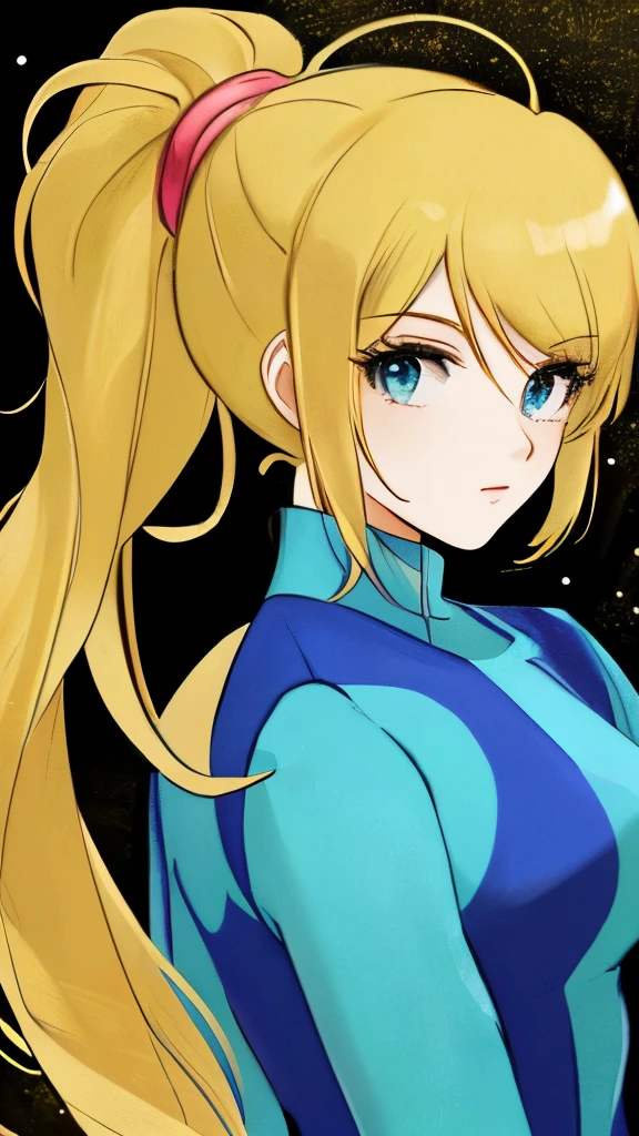 (Masterpiece, Best Quality),  intricate details,, 1girl,    samus aran, pony tail, Hair tie,,