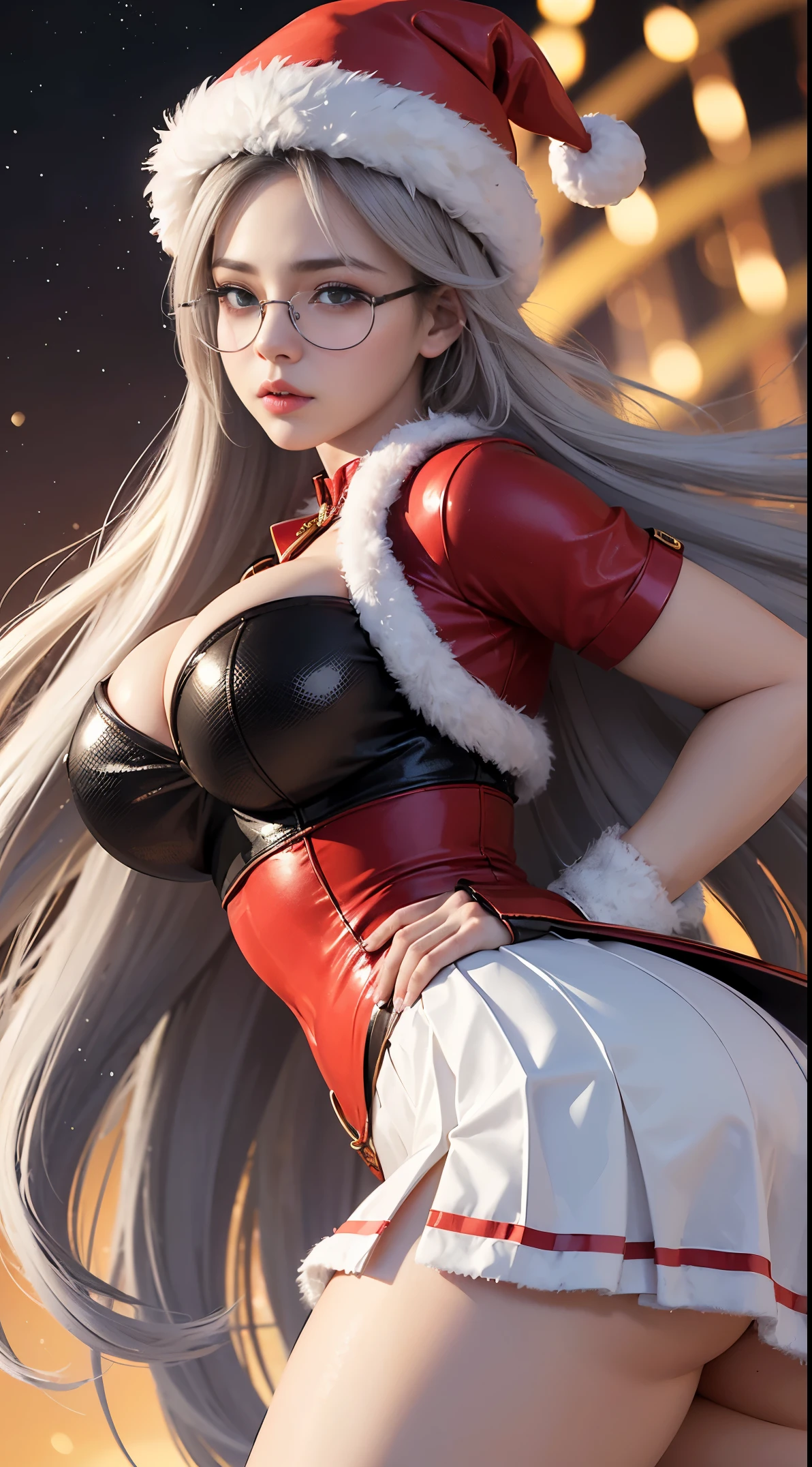 Fine、(The best illustrations)、8k UHD resolution、intricate-detail、top-quality、realisitic、ultra-detailliert、The best lighting、Best Shadows、Soft lighting、Ulutra HD、Ultra-realistic、Tindall Effect、Photorealsitic、(High Detail Skins:1.2)、 (Intricate details, makeup, pureerosface_v1:0.5), (Detailed beautiful delicate face, Detailed beautiful delicate eyes, A perfectly proportioned face, High detailed skin, Detailed skin, best ratio four finger and one thumb, arms below breasts, Tattoo with a red glow under the stomach、Awesome awesome, wide hips, smooth midriff, skiny and thin, __Fashion__, __hair__:1.25)、Digital SLR、 absurd realistic work: 1.3), (max resolution: 1.2), (Ultra HDTV: 1.2), cinematric light, Detailed eyes and skin, detailed facial features, , (Sharp Focus: 1.2), (Focus on Face:1.2),Perfect Style, Beautiful face, acurate, Anatomically correct, ノ Highly detailed facial and skin texture, Detailed eyes, Double eyelids, Thin eyebrows, Glitter Eyeliner: 1 Natural cheeks, Glossy skin, Fair skin: 1.2, (Glossy lips: 1.4),(Shy look: 1.2),Highly detailed facial and skin texture, Detailed eyes, Double eyelids, Natural cheeks, shiny lips: 1.4,Exposed cleavage、Bewitching。a 、Seductive、Chest emphasis、(((( Otaku Glasses, thick glasses, Round glasses)))),The long hair、Braid hair、poneyTail, huge solemn expression、Body Up、Big breasts emphasis, Super tight breasts, Breast augmentation surgery, The breasts are very big and round and round,Toned waist、 Meet beautiful girls, Look at the girl's body, In the Dark、Bat Wings,、(Devil's Tail)、(詳細な不気味なBackground with:0.8)、Long grey hair,emits eerie demonic flames,Contour light,green flash particles, magia、火炎magia、Flares up violently、swirling explosion, angelic halo, golden and orange spark dazzling around, Dramatic composition details), radiant light, Powerful light area, (magiaのシンボルが鎧に輝きます:1.3), (magiaの魔力が彼女の周囲に渦巻いていた:1.3), white hair、(intense expression:1.1), (Its light is、Highlighting her dominance and rebirth behind the scenes:1.4), (Wisdom and Rebirth:1.2), (Strong stance:1.2), (Overwhelming mystical power:1.2), (Sparkling sweat:1.1),(The contrast between silver and gold:1.3),elegant glitter dark&mysterious version, Super beautiful glowing eyes、Looking at the snow-covered amusement park, Young woman in Santa Claus costume standing with legs apart, huge stunning goddess shot, goddess of Japan, the extremely hot and sexy, powerful and huge, jaw dropping beauty, goddess of Japan, very Bigger breasts, Big ass, ((Santa Claus miniskirt costume and hat)), (Wearing:red mini dress trimmed with white fur, Thick black belt, Long Red Leather Boots), (thigh visible), (lean forward and look at you), (Fireworks go off at the amusement park at night), In the snow, (なBackground with: Night city decorated with Christmas illuminations), Animal characters are dancing in the background, suit with white fur trim), (Black Mini Skirt White Fur Trim), (Santa's Red Hat) With white pompons, Gold belt with large buckle, (Red boots), (cowboy shot:1.4), Perfect fit, depth of fields、Perfect image realism, Background with:((Secret Room of the Members Club))、綿密なBackground with, detailed costume,