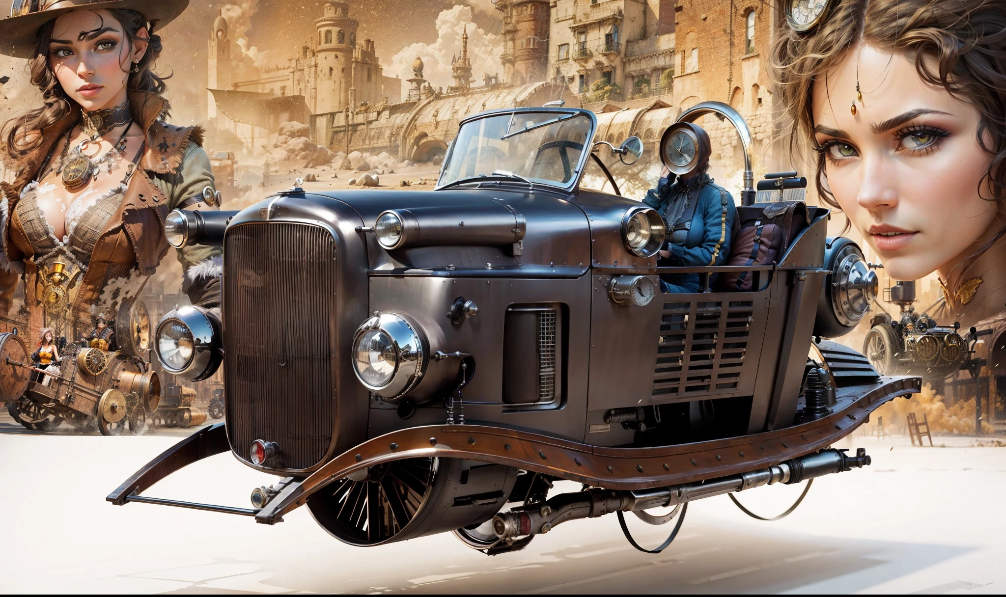 Steampunk racing car flying in the foreground with two beautiful steampunk women in the background in front of steampunk buildings