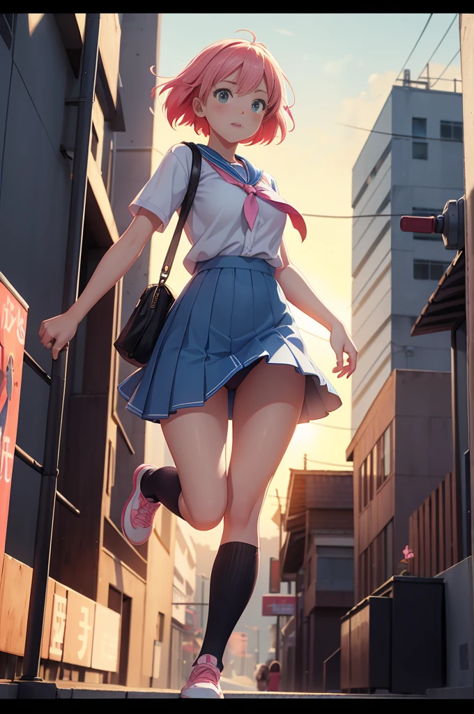 Generate dynamic vector image depicting an high school girl character with full body action pose, short pink hair, white shirt, blue skirt, red lace, reflecting the vibrancy and individuality of today’s age culture. high quality, 8K Ultra HD, night city in background, The beautiful girl Who Leapt Through a dangerous city, Feels like Mamoru Hosoda, Time leap when the beautiful girl runs and jumps Detailed illustration, A digital illustration of anime style, digital anime paintings of her, soft anime tones, Feels like Japanese anime, fantasy art, Three-dimensional expression, luminism, Albert Anker, Feeling like Kyoto Animation, Greg Rutkowski, Artgerm, WLOP, Alphonse Beeple, pixiv, luminism, 3d render, octane render, Isometric, by yukisakura, awesome full color