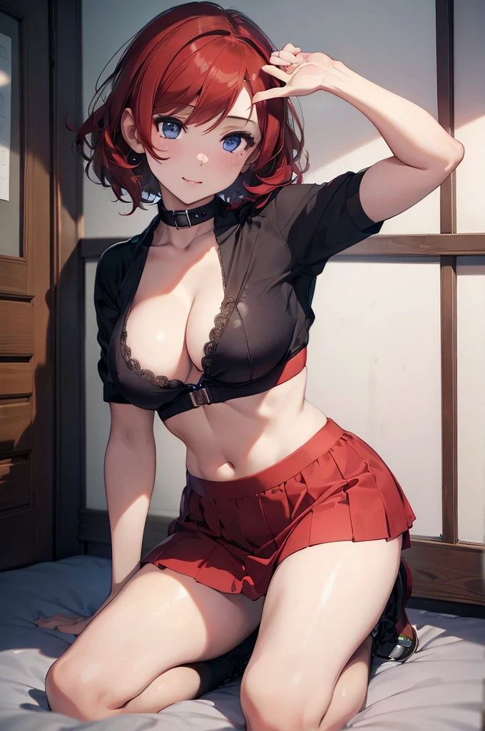 (short skirt), bright red hair, short curly hair, blue eyes, little clothing, exposed skin, bra, ((sexy sharp face, allure)), [[playful]]], [[[bedroom]]], kneeling down, front-view, [[Leaning forwards]], head down, butt in the air, arched back, provocative position, cleavage, sexy, arousing, realistic, ((perfect symmetrical body)), (slim hip), bloom, 1girl, super model body, very slim body, thin, super model body, ultra-detailed CG, 8k, high detailed, realistic, solo, intricate details),