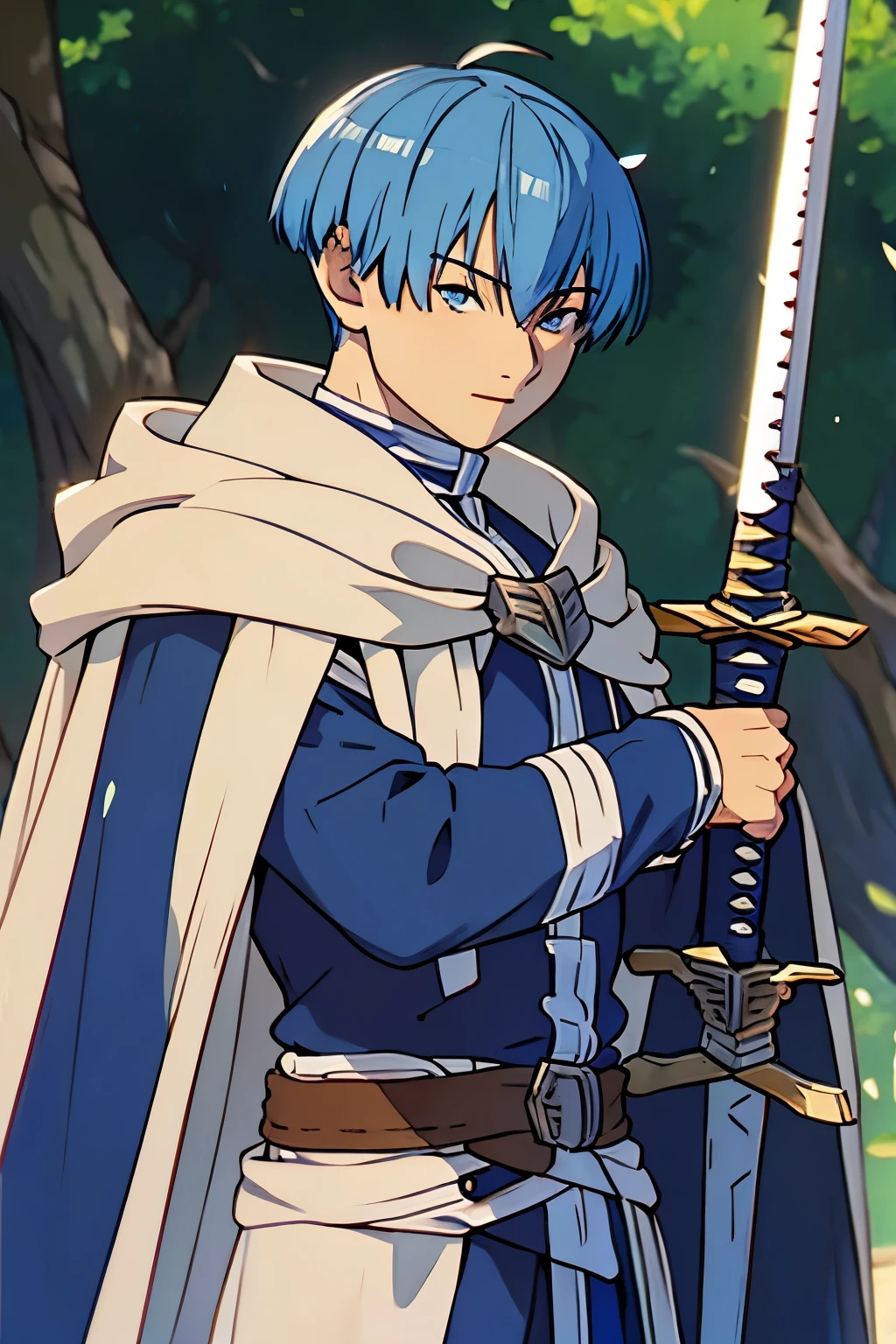 full upper knee and body, masterpiece, best quality, 1boy, solo, male focus, looking at viewer, upper body, depth of field, himmel_sousou_no_frieren, blue hair, blue eyes, illustration, sword, standing holding sword, fighting stance, facing forward, standing upright, plain white background