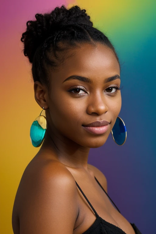 Femme africaine de 20 ans, riant, cheveux de couleur arc-en-ciel, fond noir, very beautiful