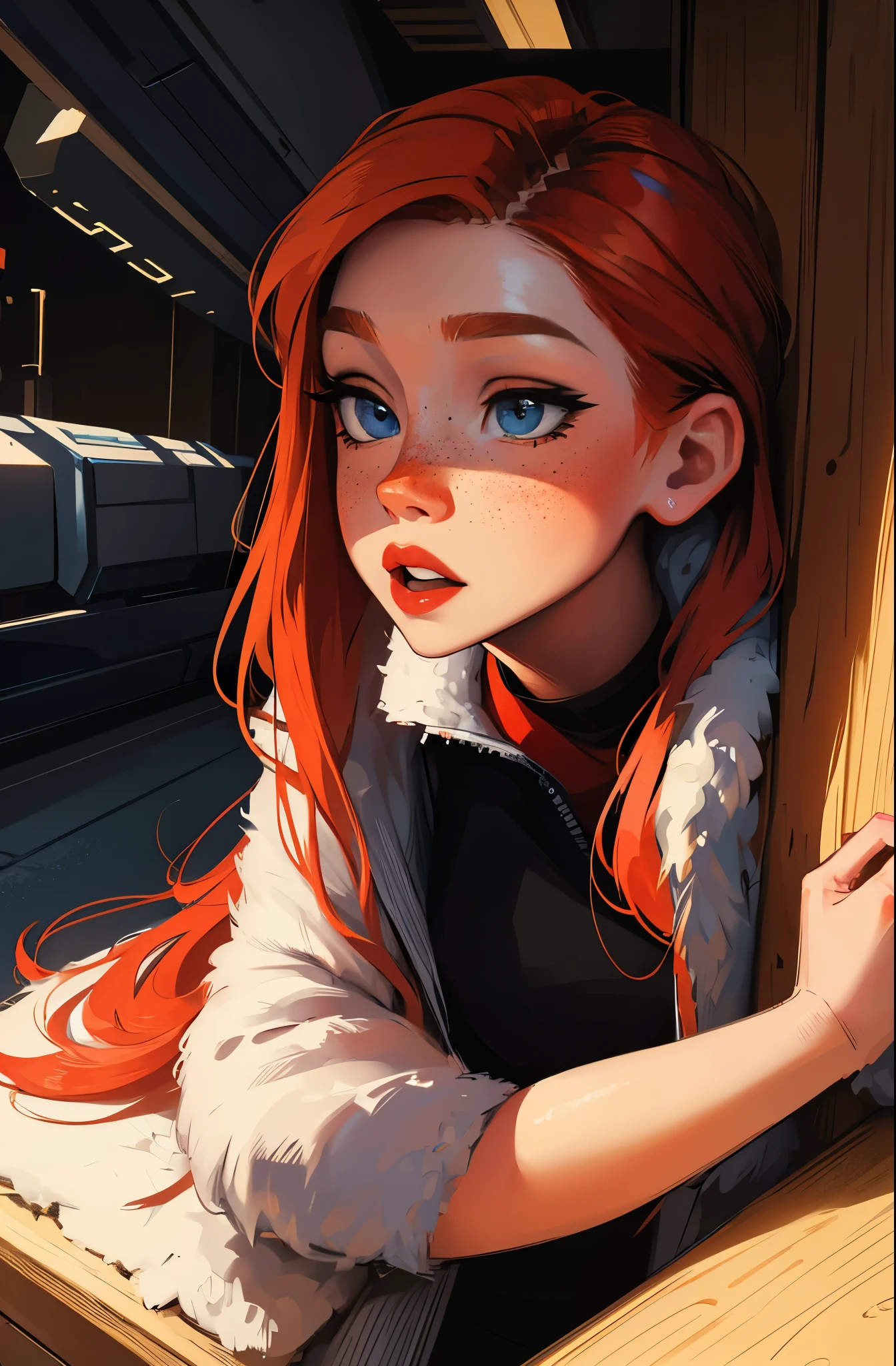 Ginger, ginger hair, freckles, lots of freckles, blue icy eyes, red lips