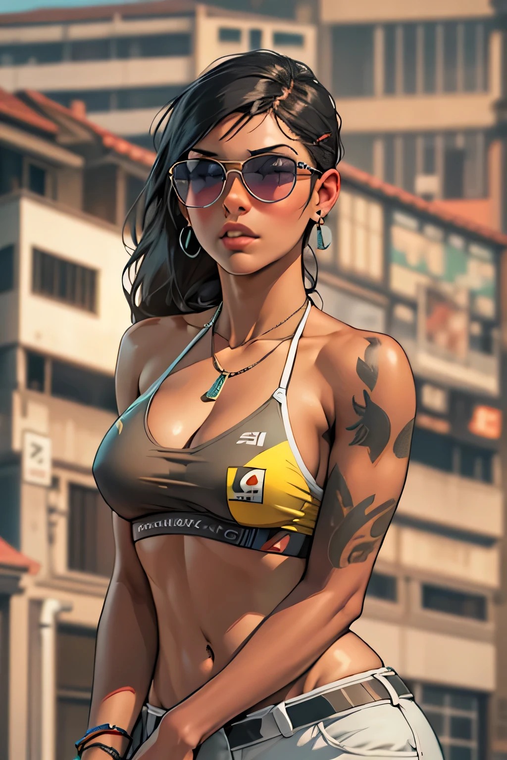 araffes in a bikini top and sunglasses standing on a rooftop, realistic bikini, bikini model, gta 6 style, mia khalifa, ariana grande in gta v, gta 6 gameplay, gta vi, gta 5 skin tone, gta 6, as the protagonist of gta 5, highly detailed giantess shot, gta character, gta 6 leak, as a character from gtav