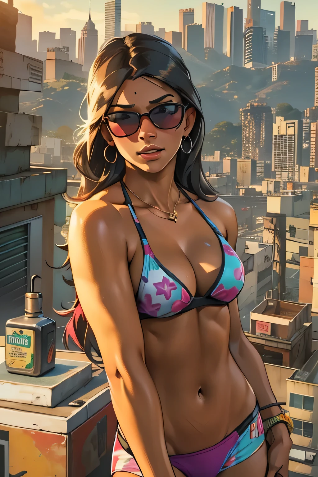 araffes in a bikini top and sunglasses standing on a rooftop, realistic bikini, bikini model, gta 6 style, mia khalifa, ariana grande in gta v, gta 6 gameplay, gta vi, gta 5 skin tone, gta 6, as the protagonist of gta 5, highly detailed giantess shot, gta character, gta 6 leak, as a character from gtav