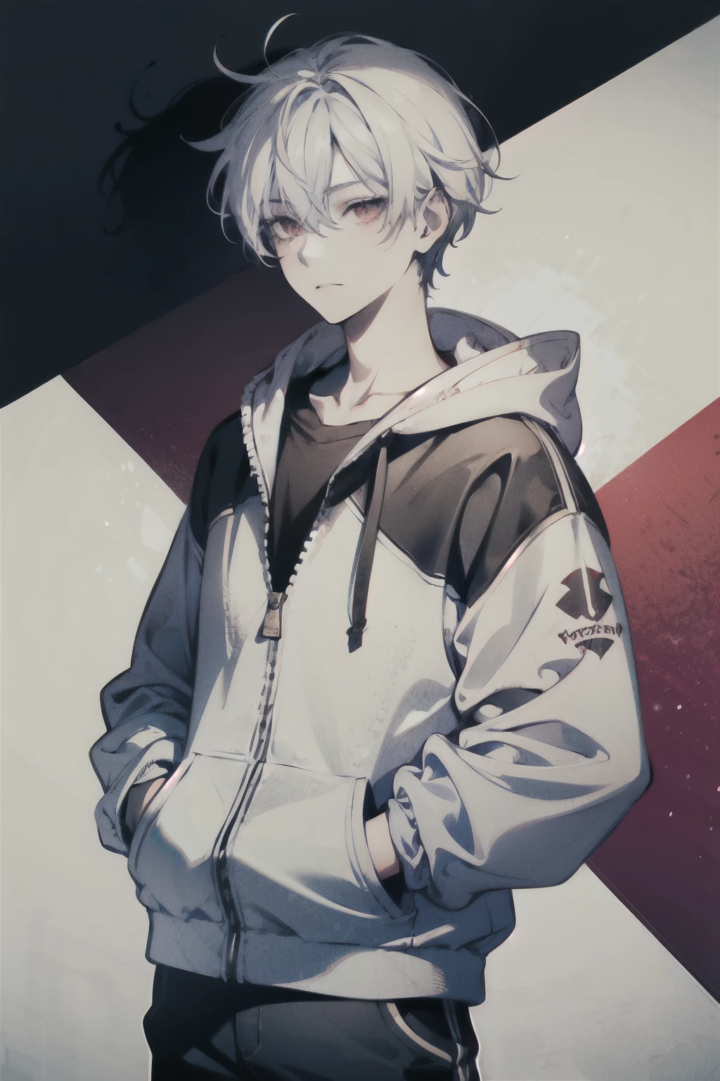 teenager boy, with red eyes and neutral expression, wearing a white hoodie, short hair, pale skin and white hair, on a gray background, looking directly at the viewer with his hands in his pockets.