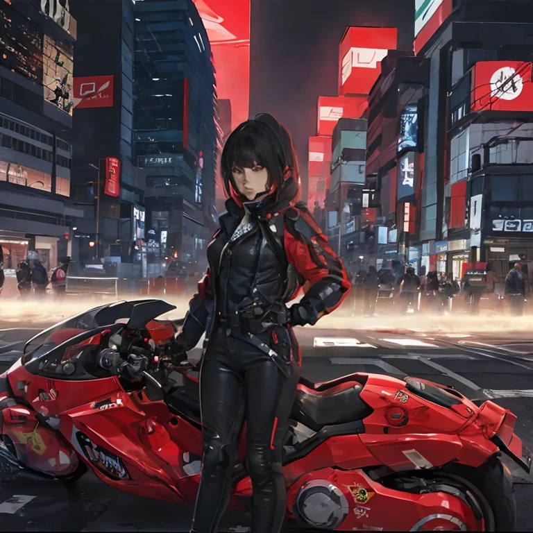 Arte Oficial, Unity 8k papel de parede, ultra detalhado, beautifully aesthetic, master part, best quality, realista, cabelos longos, cabelos pretos, akira bicicleta vermelha, ciclismo, Noite, Vista da cidade de Cyberpunk, Tela espetacular, Uniformes Cyberpunk,mechanic girl,