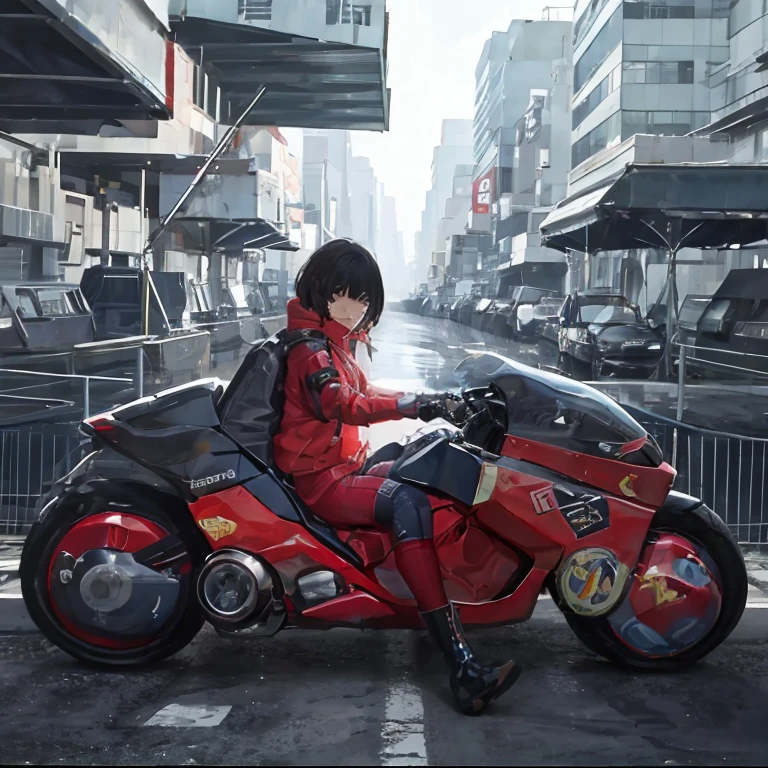 Arte Oficial, Unity 8k papel de parede, ultra detalhado, beautifully aesthetic, master part, best quality, realista, cabelos longos, cabelos pretos, akira bicicleta vermelha, ciclismo, Noite, Vista da cidade de Cyberpunk, Tela espetacular, Uniformes Cyberpunk,mechanic girl,