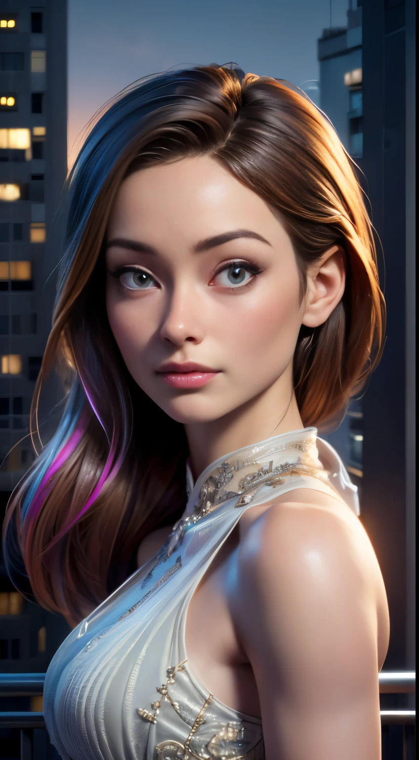 photo of Olivia Wilde, RAW, beautiful woman, ((portrait)), ((detailed face:1.2)), ((detailed facial feature, detailed skin, clear skin), (perfect proportioned body), (wearing a colorful dress) (high detailed city environment, apartment balcony), (realistic photo, best quality, detailed), (8k wallpaper), (cinematic lighting, dramatic lighting) (sharp focus, intricate)