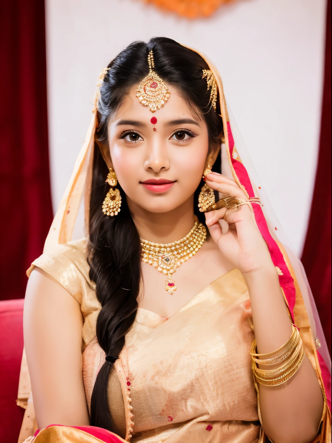 A girl adorned in traditional Indian attire. Indian wedding photoshoot. ((Perfect face))