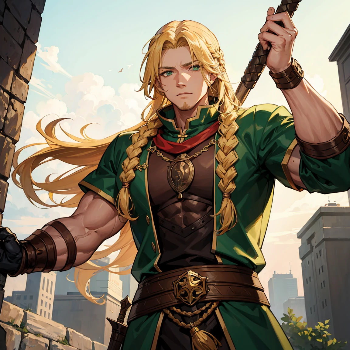 1 man,giant,braided golden blond hair,green eyes,viking outfit ,muscular