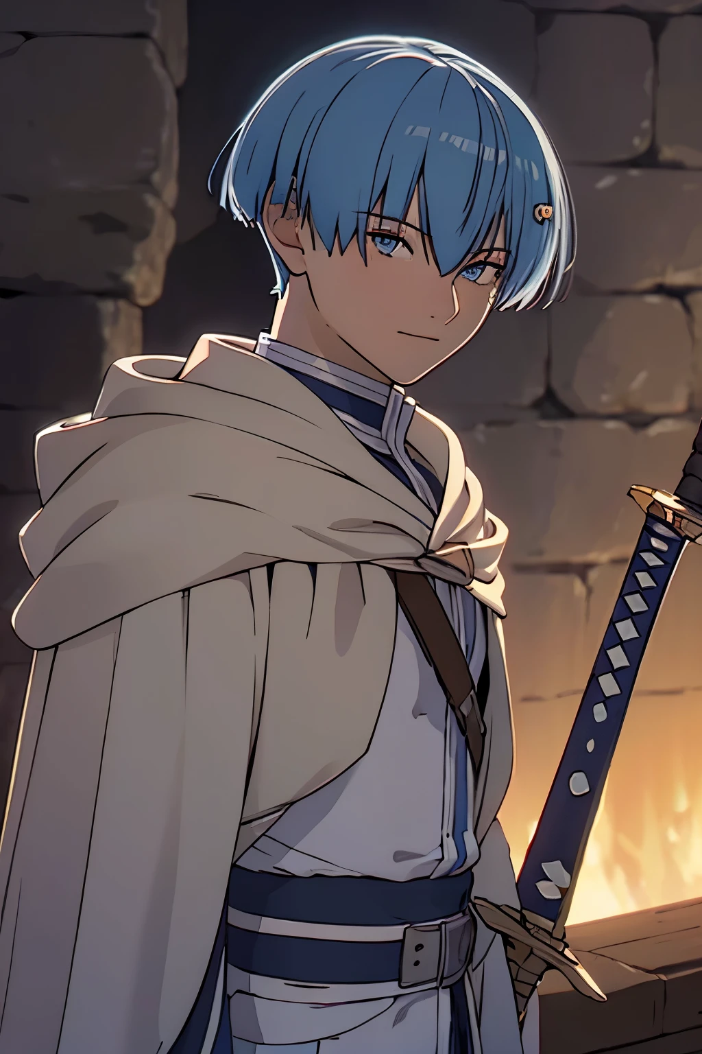 full upper knee and body, masterpiece, best quality, 1boy, solo, male focus, looking at viewer, upper body, depth of field, himmel_sousou_no_frieren, blue hair, blue eyes, illustration, sword, standing holding sword, fighting stance, facing forward