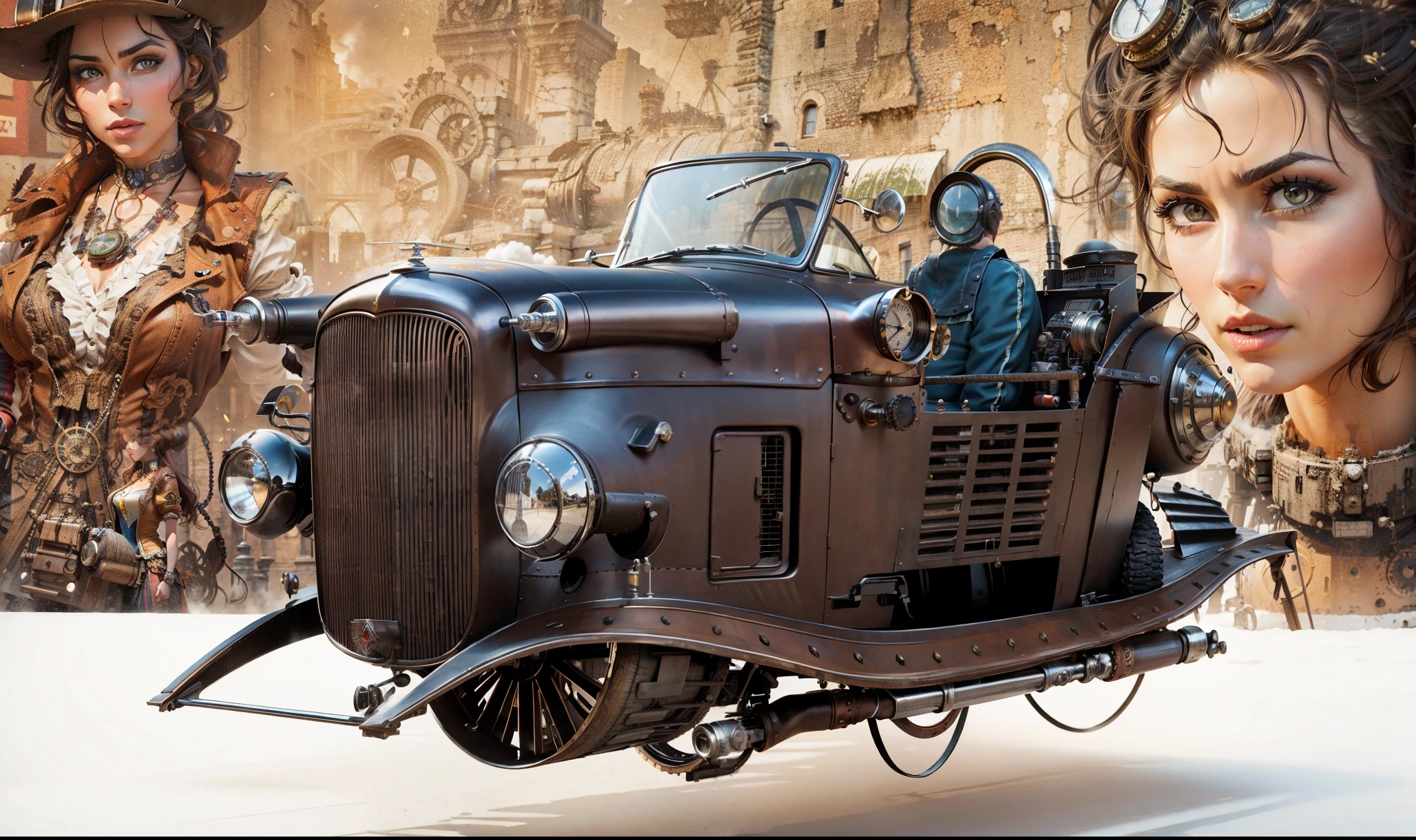 Steampunk racing car flying in the foreground with two beautiful steampunk women in the background in front of steampunk buildings