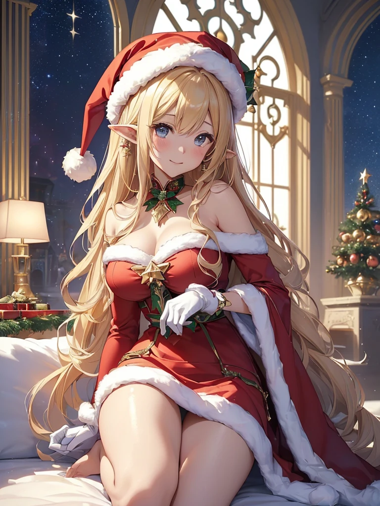 top-quality、Top image quality、masterpiece、Super beautiful elf beauty((24 year old、Red Santa Costume、Santa Hat、gloves、Best Bust、big bast、Bust 90,beautiful blue long ironed hair、a blond、globe、A A sexyは、A slender、a closeup、Esbian、hiquality、Beautiful Art、Background with((starrysky)))masutepiece、visualart、depth of fields、low angle of night sky、、Elven ears、、light magic、Space Knight、harp melody🎵、Happy smile、Gentle light、、Beautiful legs that are gentle on the skin、、、Number of fingers to achieve precise finger movements、ティッカーBeautiful decoration、elegent、Mystical field under the flower garden、Marble pillars, beautiful dressy、winter snow scene on the window、、たくさんのChristmasプレゼント、Temple of Time、marble interior、Renaissance painting、byzantine art、art noveau、Great watch、hour glass、sundial、NSFW.A sexy、Christmas、Beautiful decorationの巨大なChristmasツリー、Beautiful decoration、religious painting、Christmasパーティー、Lots of gifts、toys、fireplace