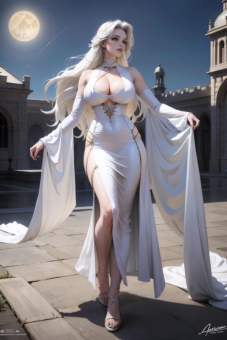 masterpiece, highest quality, (perfect face:1.1) , (high detail:1.1), dramatic, 5 girls, metal gauntlets, breasts, white hair, red eyes, cleavage, long hair, curvy, large breasts, moon, see-through, night, dress, laced dress, thighs, exposed navel with piercings, white dress, laced choker, bare shoulders, wide hips, thick thighs, lips, covered, robe, pelvic curtain, thin pelvic curtain, toned pelvis, toned hips, milky hips, navel piercings, body piercings, huge breasts, muscles, big biceps, thigh muscles, half squatting, bruised knees, white Heels, white sandals, castle, detailed background, art by artgerm and greg rutkowski, cinematic lighting