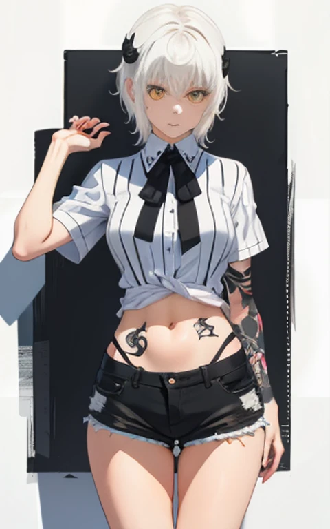 masterpiece, short shorts, masterpiece, best quality, highres, dark persona, watercolor painting theme, (looking at the viewer: 1.1), wide hips, big ass, standing, bent, tojou koneko, yellow eyes, white hair, short hair, hair ornament, white shirt, black ribbon on the neck, tattoo on the abdomen, lust tattoo,