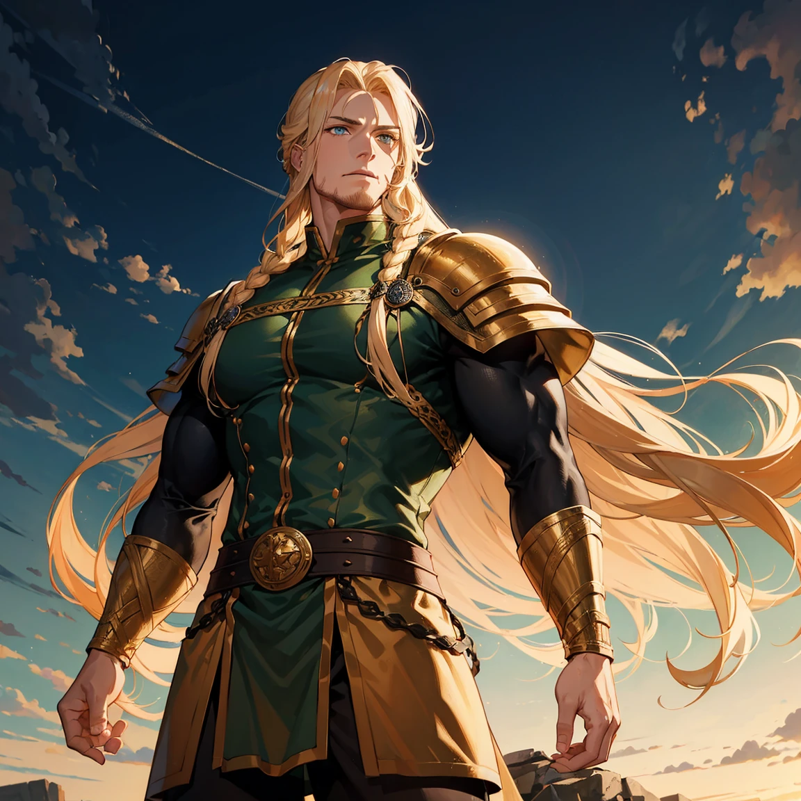1 man,giant,braided golden blond hair,green eyes,viking outfit ,muscular,wearing a black militaryuniform