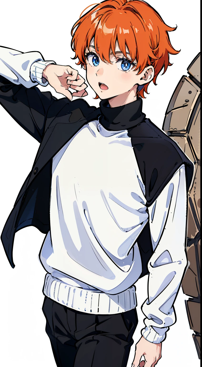 (1boy,teen,18 years old), orange hair,(black pants),(((white sweater,turtleneck))),(walking),((white background)),open mouth,from back,blue eyes