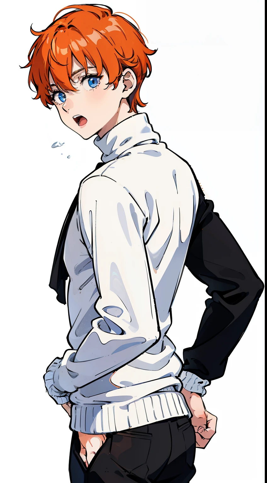 (1boy,,18 years old), orange hair,(black pants),(((white sweater,turtleneck))),(walking),((white background)),open mouth,from back,blue eyes