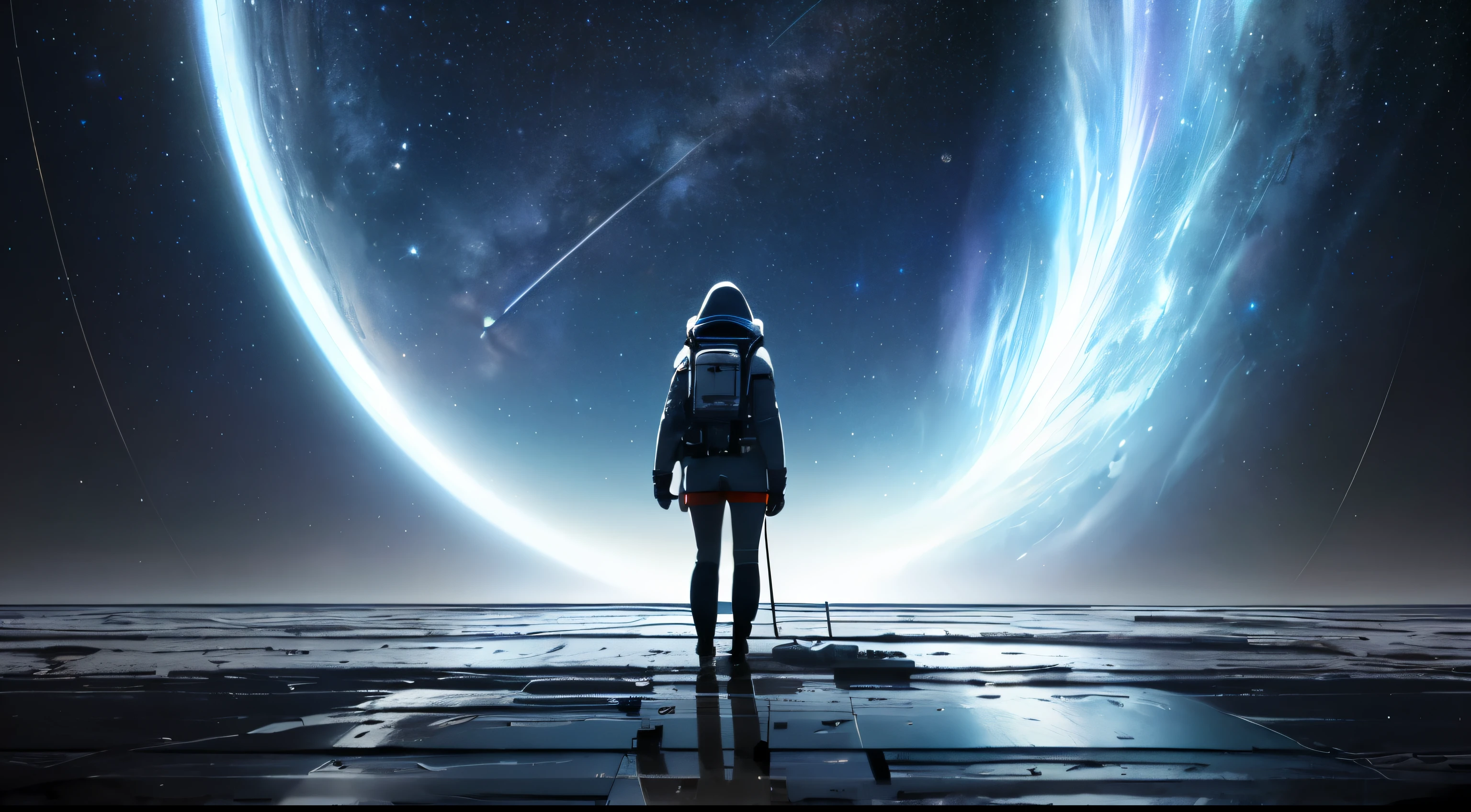 (obra maestra, Impresionante imagen de una astronauta vestido con su traje espacial, atravesando la superficie escarpada de un planeta sembrado de rocas, El cielo expansivo adornado con una multitud de estrellas y galaxias.:1.3), (Meticulously composed to convey the isolation and wonder of space exploration amid cosmic expansion.:1.2), (los Detalles intrincados del traje de astronauta, showcasing its advanced design and technology, exuding a sense of realism and purpose:1.1), (Meticulous attention to the interaction of light on the suit.'s superficies reflectantes, creating a feeling of depth and authenticity:1.1), (capturado con una Nikon D850, Recognized for its high resolution capabilities., asegurando que los Detalles intrincados se reproduzcan fielmente:1.1), (emparejado con una Nikon AF-S NIKKOR 14-24mm f/2.Lente 8G ED, Ofrece versatilidad y nitidez de gran angular.:1.1), (An image that invites you to put yourself in the shoes of an intrepid explorer in the immensity of space.:1.1), (A work of art that encapsulates the spirit of human curiosity and the search for the unknown.:1.1), (An invitation to contemplate the beauty and challenges of space exploration through a visually stunning composition:1.1), (A portrait that celebrates the human effort to venture beyond our planet and explore the cosmos.:1.1), (A photographic journey that transports the public to the surface of a strange world, Mirando las estrellas con asombro:1.1)), Kinematic, hiperdetallado, detalles locos, bellamente graduado de color, motor irreal, DOF, Super-Resolution, Megapixel, Kinematic Lightning, Antialiasing, FKAA, TXAA, RTX, SSAO, Procesamiento posterior, Post Production, Mapeo de tonos, ..cgi, VFX, SFX, insanely detailed and intricate, Hiper maximalista, hiperrealista, volumetic, fotorrealista, Ultra Fotorrealista, ultra detallado, Detalles intrincados, Super detailed, a todo color, volumetic lightning, HDR, realista, motor irreal, 16k, foco nítido, Renderizado de octanaje