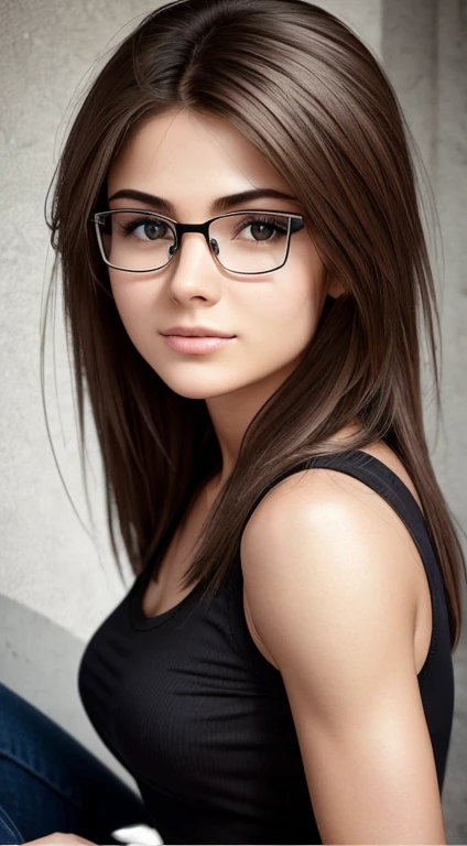 Realistic monochrome photography, Film grain, photo paper texture, tmasterpiece, USSR style background environment; beautiful modest shy girl 18 years old; (Required Fully Dressed); Very small beautiful realistic breasts, beautiful large erect realistic nipples; beautiful proportional round wide face, round cheeks (A slight blush), Round chin; Large shiny dark brown eyes, long eyelashes, glasses with lenses (image distortion through lenses, reflections of light on lenses); beautiful proportional small wide nose; идеальное пропорциональное trained muscular body, Rounded hips, tanned velvety skin,(trained muscular body, developed muscles, strong trained legs and arms); aesthetic completeness; Natural body hair (hairs); High quality realistic human skin texture (pores, Mimic folds, barely noticeable wrinkles); slightly wavy beautiful medium length brown tousled hair (80s punk hairstyle); Serious, A curious look, slightly parted sensual plump lips, playful pleasant smile; White silk shirt with unbuttoned top button, jeans, Hiking Boots; clean skin without cosmetics and make-up; free position of the subject in space, Free pose; full body photographed; natural lightin, High-quality clothing textures, high-quality textures of environmental objects, (intricate environmental details, A lot of small details of the environment), increased texture realism; the quality of image rendering corresponds to a photograph from a SLR camera.