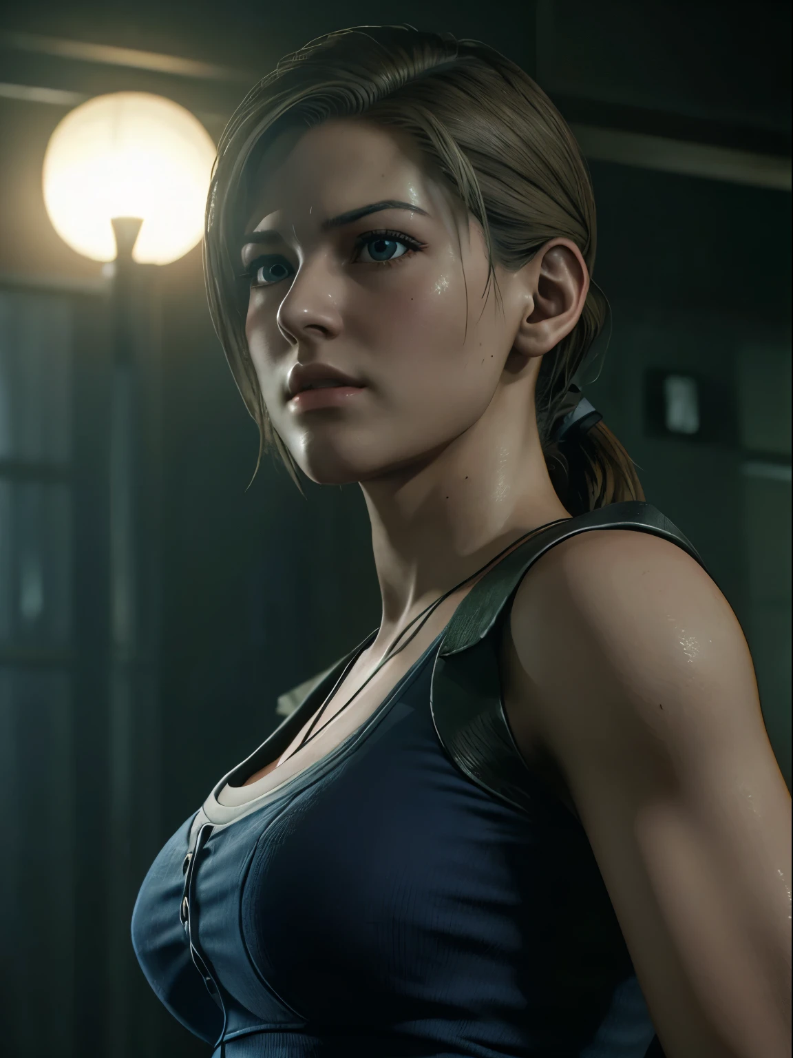 Jill Valentine, {{master part, best quality, CG extremamente detalhado, Unity 8k papel de parede, Cinematic lighting}},  1girl, Mulher nova, corpo inteiro, dia ensolarado, belos olhos detalhados, (seios grandes, clivagem), Bunda redonda, looking up at the audience, long eyelashes,