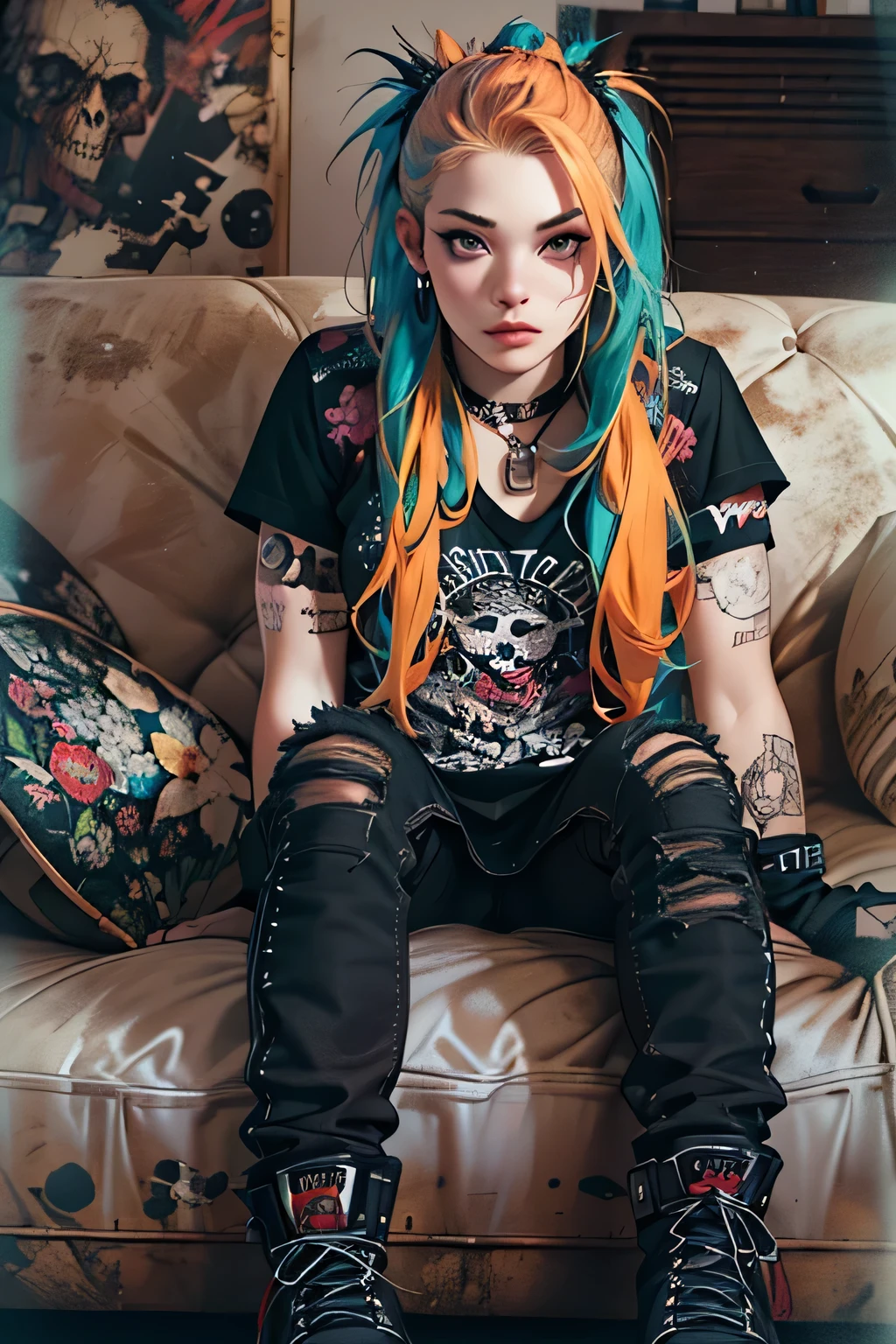 arafed girl sitting on a couch with a skateboard in her hand, avril lavigne, girl, teenage grunge punk rock, 1 7 - year - old goth girl, cybergoth, punk girl, goth girl, hip emo fashion, dressed in punk clothing, still from a music video, scene girl, an emo girl, beautiful female punk, wearing a punk outfit