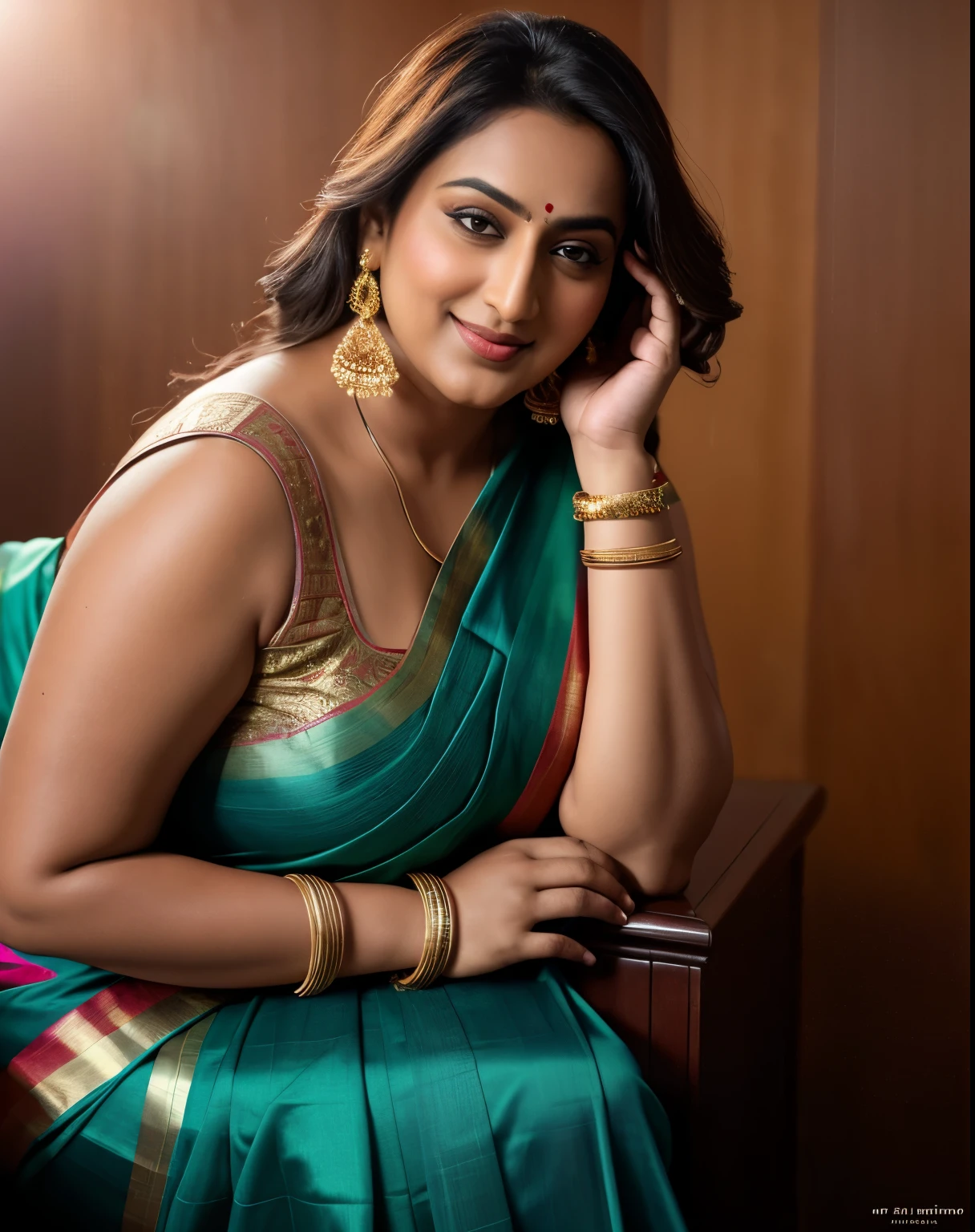 Foto RAW, photorealistic, photography, full body shot, master shot, perfect eyes, goddess like beauty, perfect thick chubby mallu Desi aunty bhabhi, Wearing a Stanapatta, a chest-band.Saree model, model Photography, Indian saree shoot, Indian traditional wear advertising photography, traditional wear brand shoot, face of Indian actress Sonakshi Sinha, masterpiece, realistic, realism, incredible details,  pleasure, photorealism, detailed skin, skin pores, high contrast, photorealistic Artstation 8k HD digital art trend of high definition and detailed realistic skin texture, ultra detail, realistic skin texture, armature, best quality, ultra high definition, (photorealistic:1.4),, high resolution, detail, raw photo, Re sharp, by Lee Jefferies Nikon D850 Film Stock Photo 4 Kodak Portra 400 Camera F1.6 Lens Rich Color Ultra Real Realistic Realistic Textures Dramatic Lighting Unreal Engine Trending at Art Station Cinestill 800,(pele altamente detalhada: 1.2), 8k UHD, DSLR, soft-lighting, alta qualidade, grain of film, Fujifilm XT3,she didn't like to wear blouse or bra, she  happy to wear only saree, she hates blouse or bra, detailed hairy armpits,