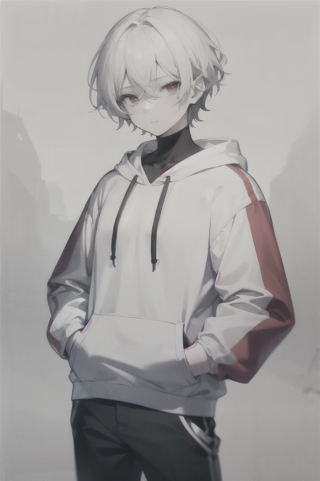 teenager boy, with red eyes and neutral expression, wearing a white hoodie, short hair, pale skin and white hair, on a gray background, looking directly at the viewer with his hands in his pockets.