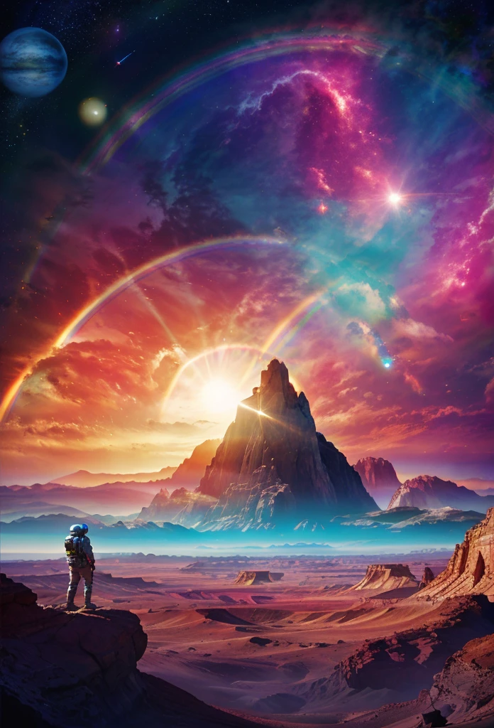 phantastic landscape on a foreign planet, a bright rainbow and planets with rings in the sky, ultra detail, realistic, 77mm lens,