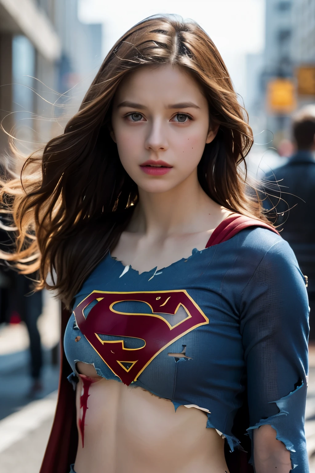 melissa Benoist, 8k, best quality, real image, intricate detail, ultra-detail, ultra-high resolution, depth field, (realistic, realistic: 1.2), masterpiece, photo 1girl, supergirl, injured, superhero, realistic, torn clothes, red kimono, (dirty, bruised, blood: 1.3), blue eyes, blonde, long hair, serious, angry, solo, (exposed torn clothes, torn clothes: 1.3), ruined city background, best quality, realistic, Realism, (complex details: 1.2), (fine details), (movie light), clear lines, sharp focus, realistic face, detailed beautiful face