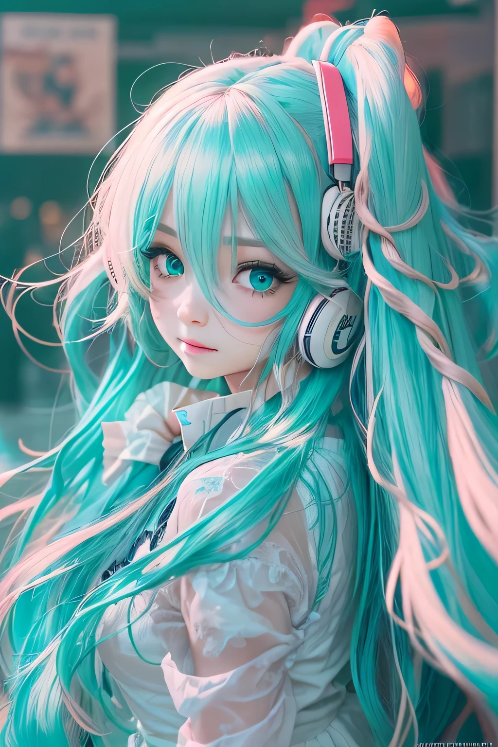 there is a woman with blue hair and a white shirt, hatsune miku , portrait of japanese gyaru, mikudayo, miku, kerli koiv as anime girl, anaglyph effect ayami kojima, belle delphine, long cyan hair, with long turquoise hair, inspired by Fujiwara Takanobu, anime girl with teal hair