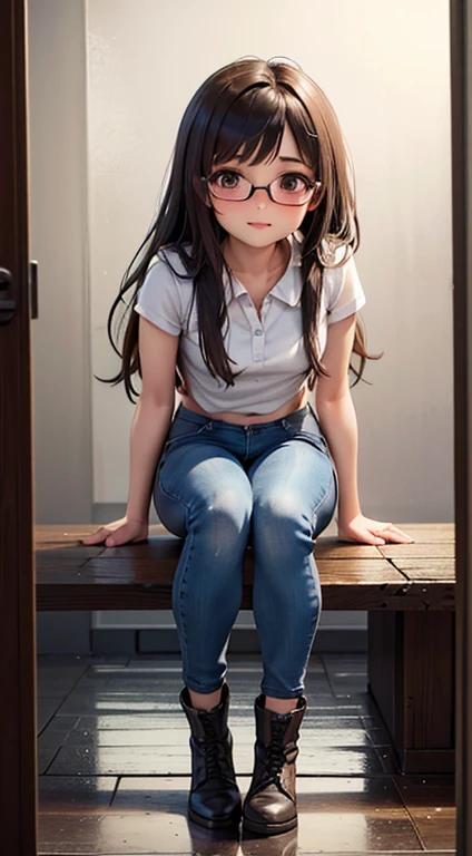 16 year old pre-teen, (real skin: 1.3), long hair Twin tails: 1.3, blonde, glasses, school uniform, no panties, man raping zombie girl, sexual pose, beautiful, sitting, photorealistic