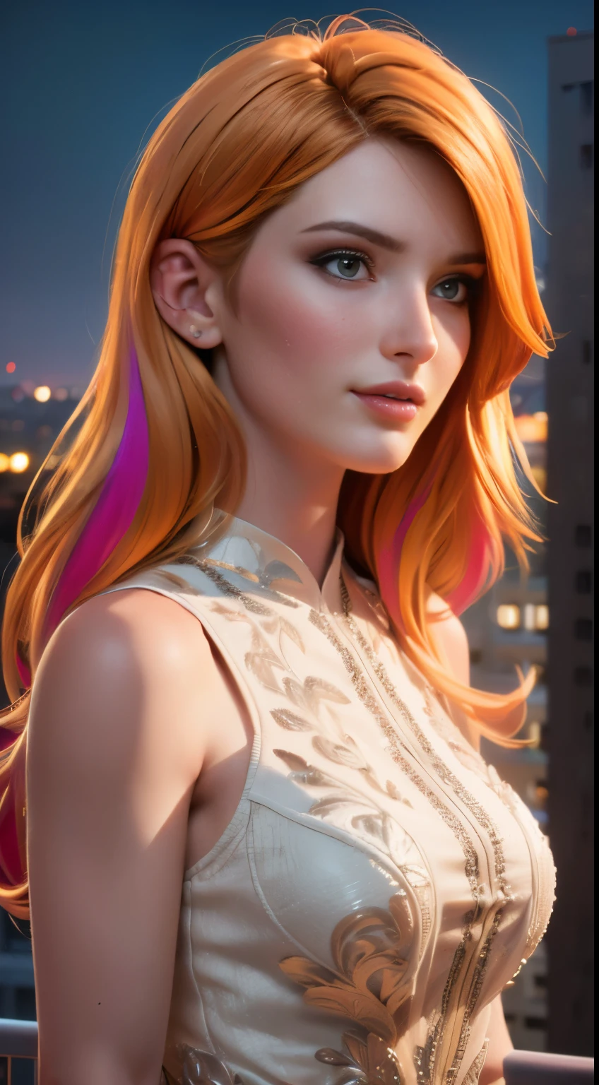 photo of Bella Thorne, RAW, beautiful woman, ((portrait)), ((detailed face:1.2)), ((detailed facial feature, detailed skin, clear skin), (perfect proportioned body), (wearing a colorful dress) (high detailed city environment, apartment balcony), (realistic photo, best quality, detailed), (8k wallpaper), (cinematic lighting, dramatic lighting) (sharp focus, intricate)