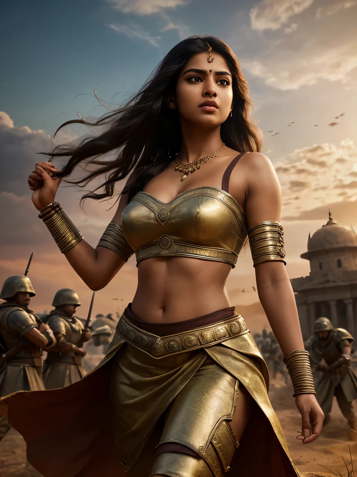 The Martyrdom of Rani Lakshmibai**: A solemn scene where Rani Lakshmibai lies on the battlefield, surrounded by her loyal soldiers. The sun is setting in the background, casting a golden light over the scene, symbolizing her sacrifice