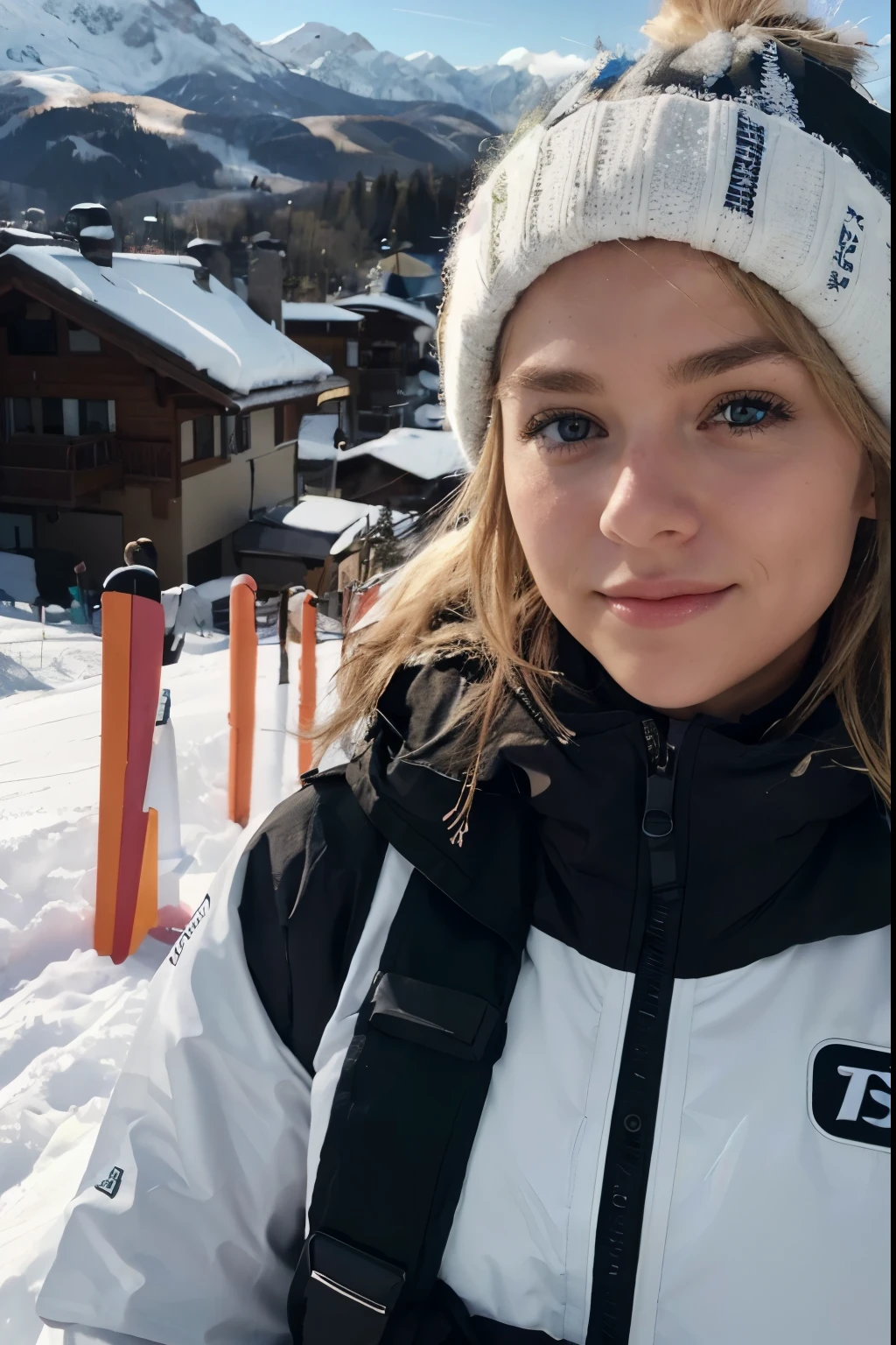 post for instagram, iPhone camera quality, details skin, Blonde hair girl skiing in the mountains in a ski outfit, cute face,  she has a cute face, 20 Jahre alt, sie schaut nach rechts