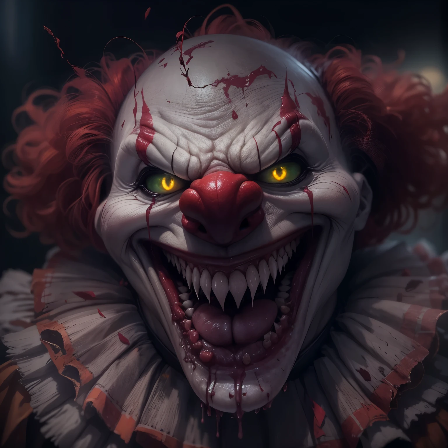 Sinister Grin An image showing an evil clown with a wide, malevolent smile, revealing sharp, menacing teeth, capturando a natureza sombria e distorcida do personagem, Ultra realismo, color field printing, High detail, UHD, 8k, anatomicamente correto, cinematic lighting 4d quality