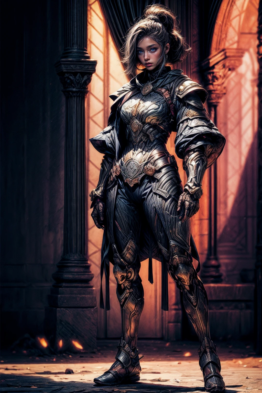 A powerful and noble warrior, wearing a majestic armor, standing tall and confident in a beautiful garden scene. The warrior exudes strength and leadership with a commanding presence. The armor is intricately detailed, with shining metallic surfaces reflecting the sunlight. The warrior's eyes glimmer with determination and intelligence, revealing a deep inner strength. The lips are finely rendered, showing both grace and determination. The scene is captured in a realistic and detailed medium, resembling an oil painting. Every brushstroke is meticulously executed, showcasing the artist's skill and dedication. The colors used are vibrant and vivid, creating a visually striking composition. The lighting in the scene is dramatic, with soft rays of sunlight illuminating the warrior and casting long shadows on the ground. The image quality is of the highest caliber, with ultra-detailed textures and sharp focus. The level of detail in the artwork is extraordinary, capturing even the tiniest nuances of the warrior's armor and expression. The overall atmosphere of the scene evokes a sense of awe and inspiration, making it a true masterpiece in every aspect.