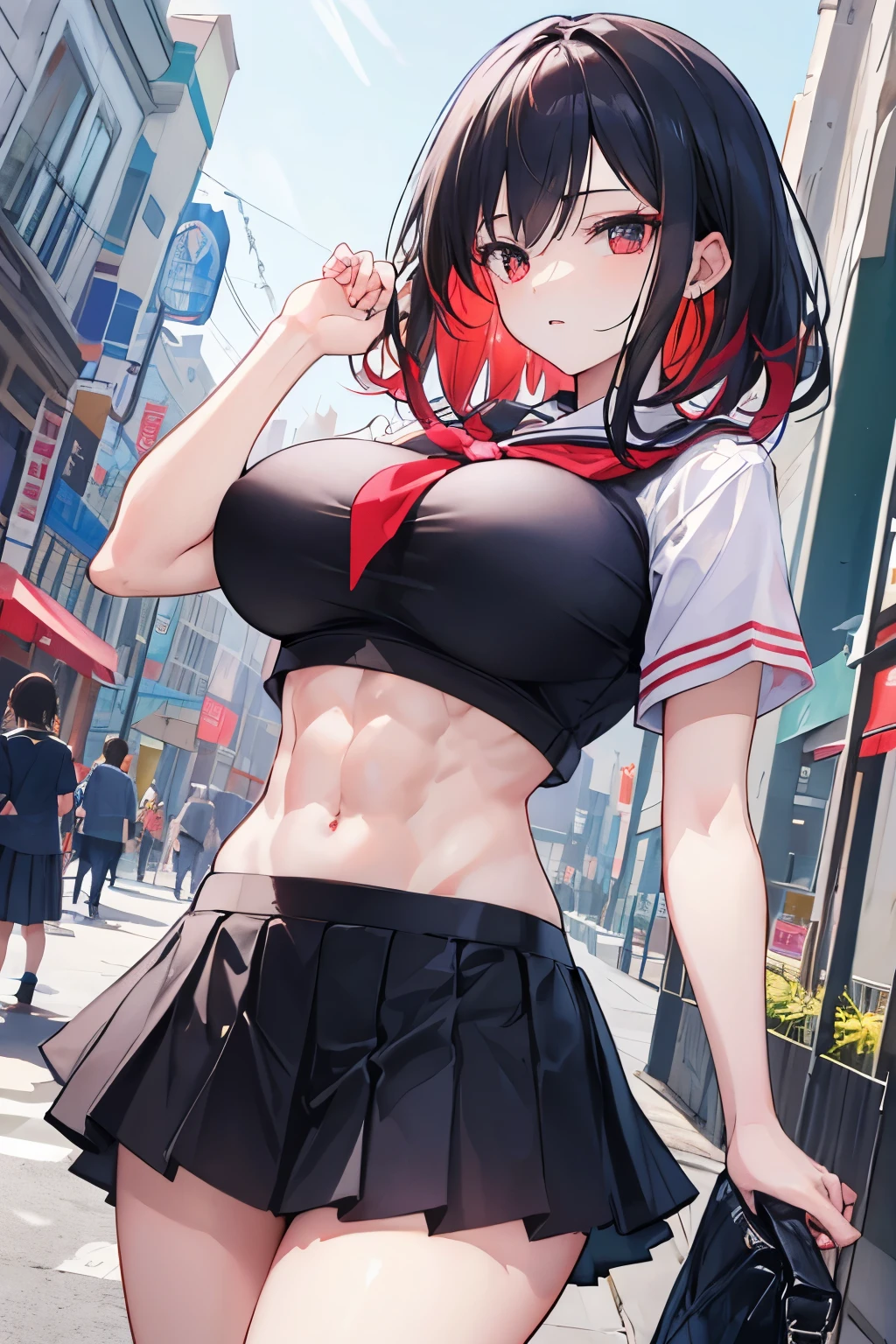 ((best quality)), ((masterpiece)), (detailed), perfect face ultra detailed illustration female character, young female student with big breasts, black hair combined with red. The girl was wearing a Modern School Uniform but a crop top and short skirt, stylishly showing off her big breasts as well as she had nice ABS that showed through her clothes. Set the tone in the City Center, with bright vibes